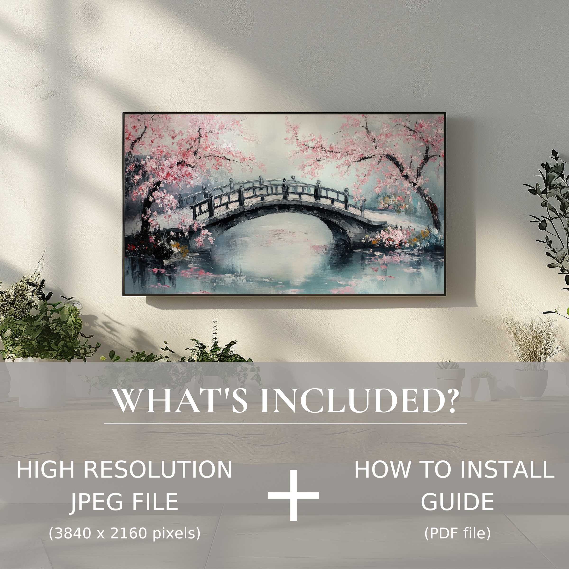 Stylish tree digital TV art download featuring serene bridge scene, easy digital use, enhancing modern living spaces elegantly.