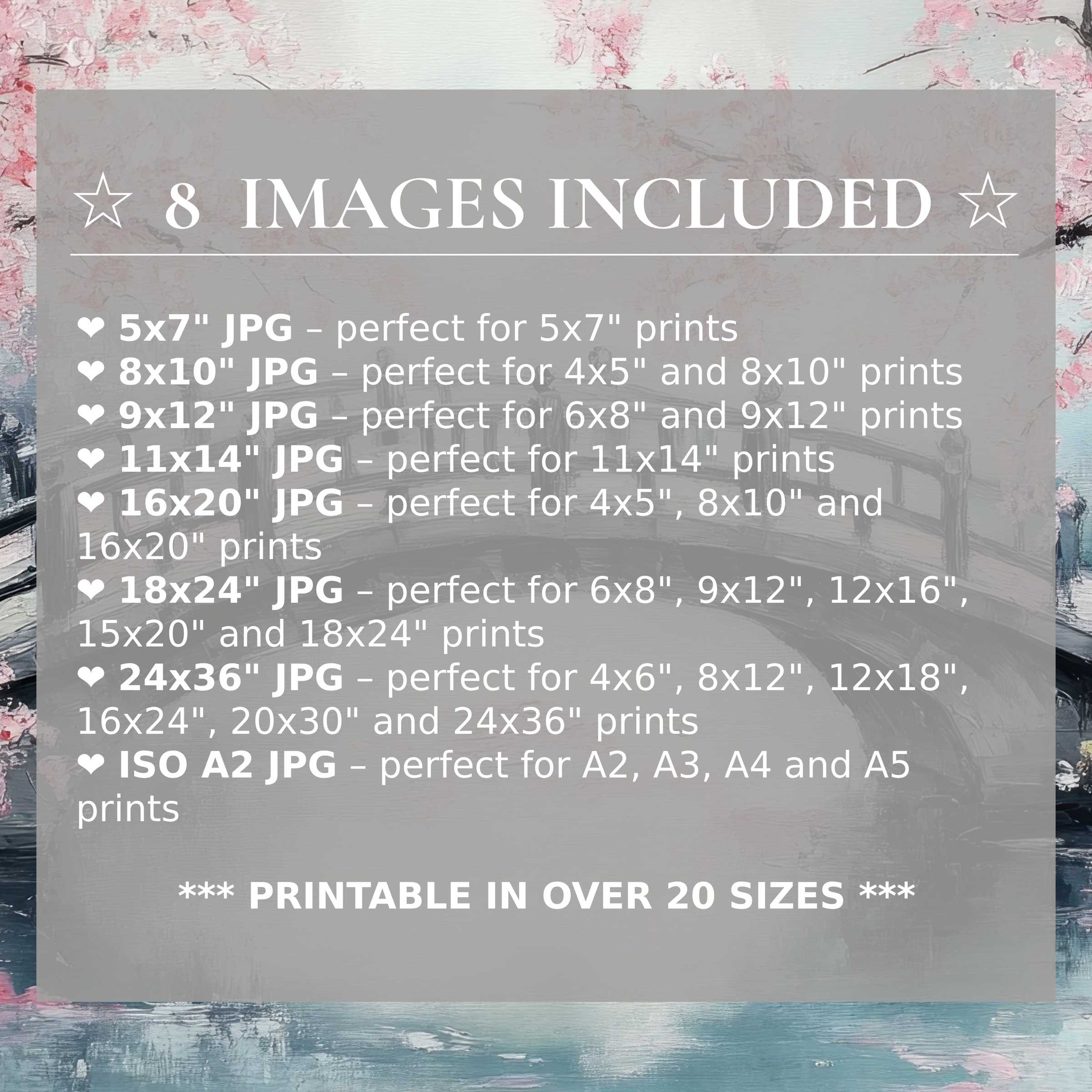 Print size guide showing 8 included JPG formats for versatile wall art printing – perfect for framing in popular sizes from 5x7 to 24x36 and A2