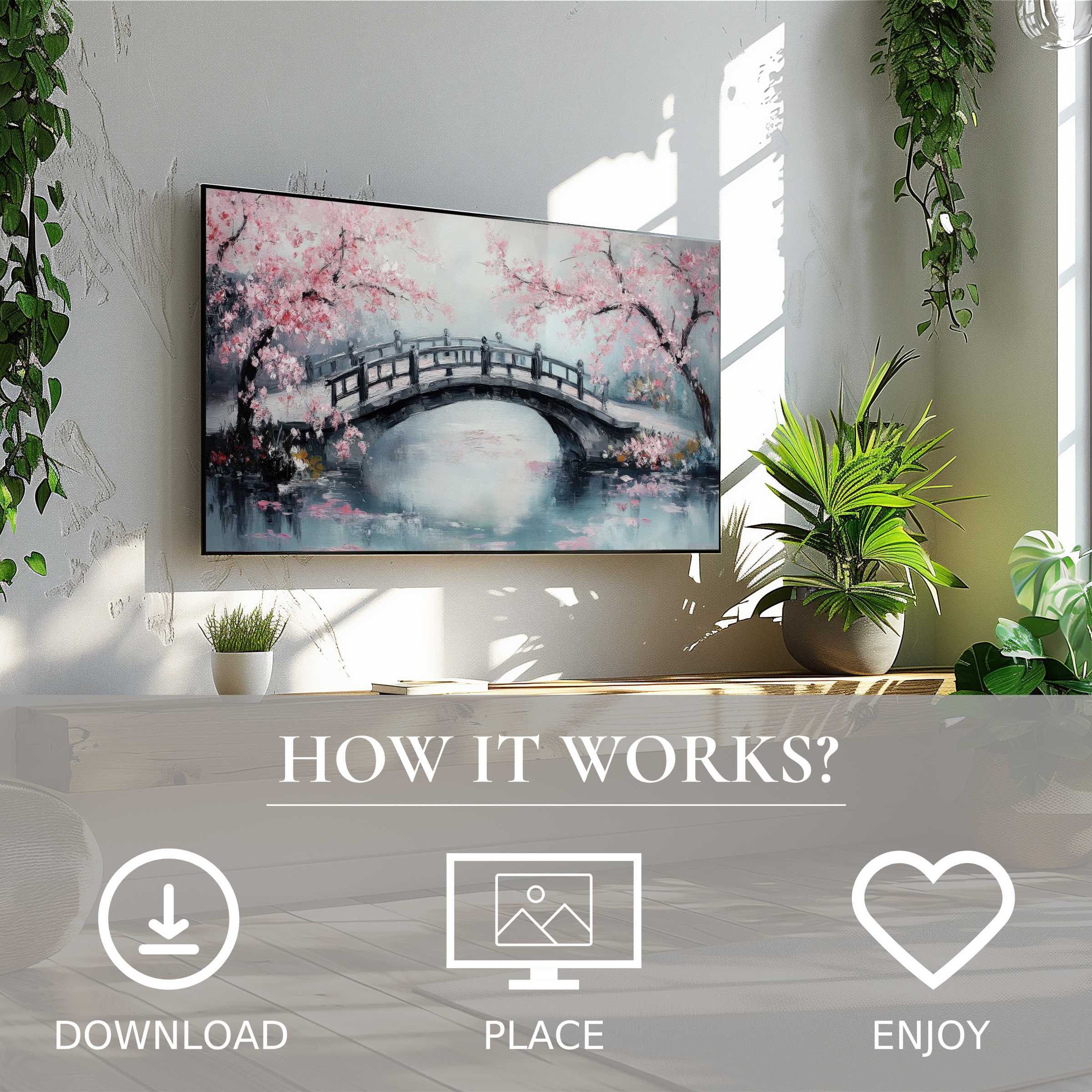 Tree art for Samsung TV shows soft pastel blossoms and a bridge, easy digital download enriching modern living spaces.