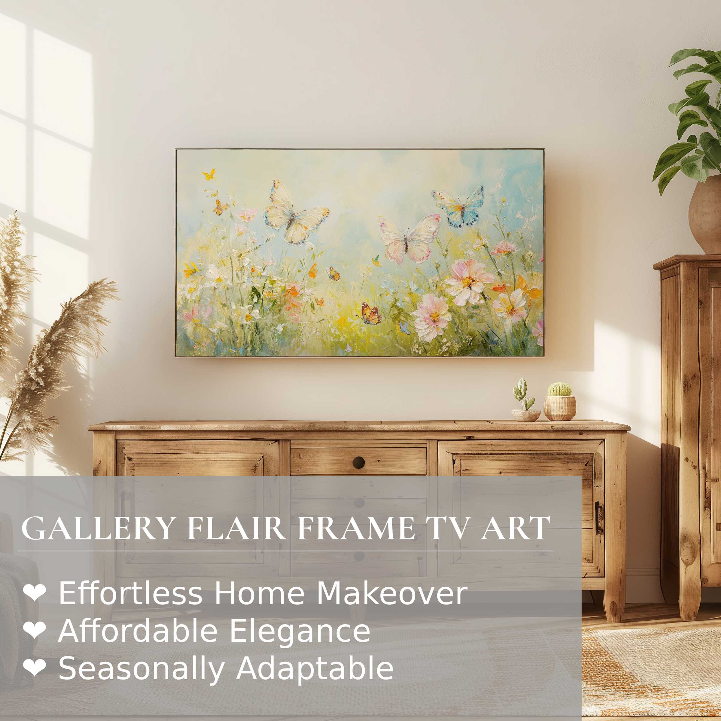 Soft butterfly nursery digital artwork on Samsung Frame TV in serene, modern natural wood setting