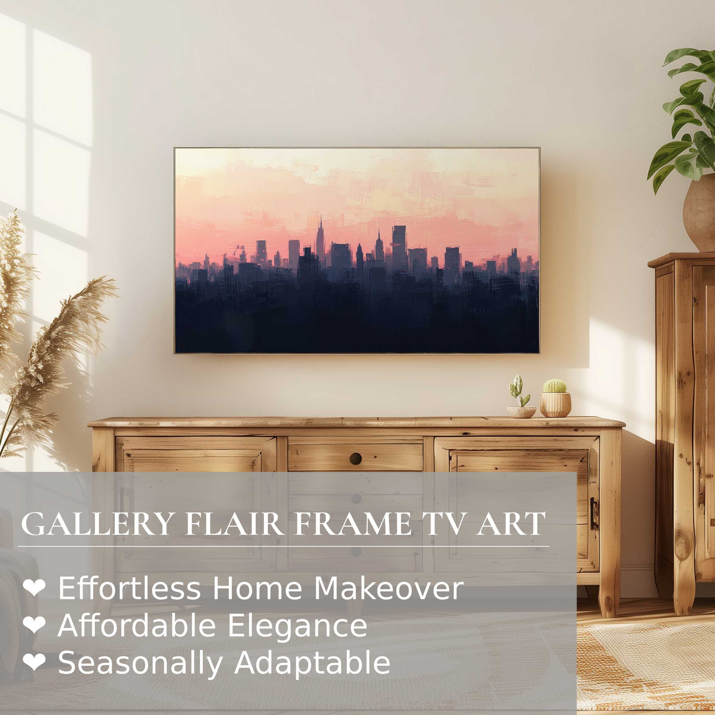 Samsung Frame TV displays elegant urban digital artwork of a serene cityscape at sunset in a refined living space