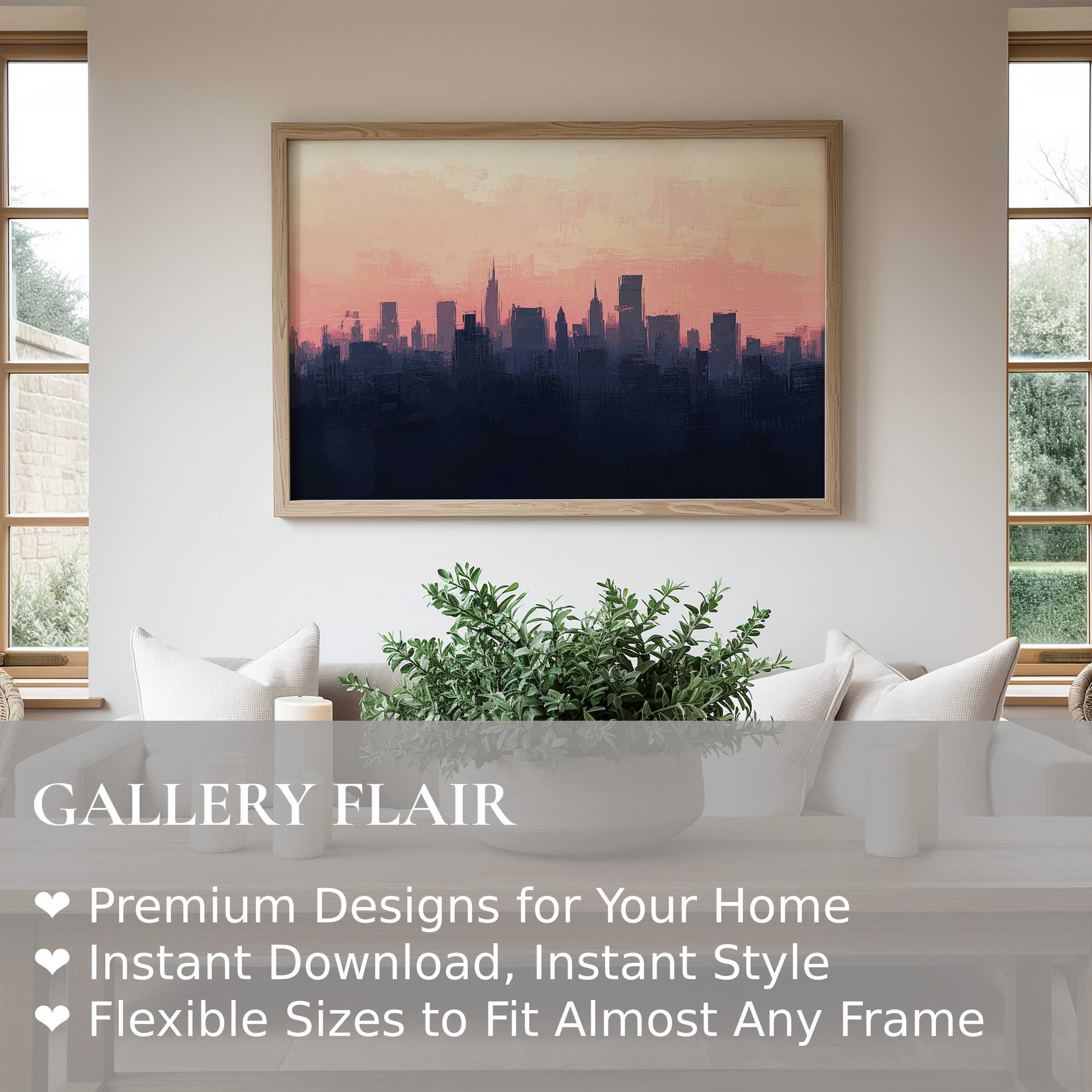 Urban art wall art print featuring a moody city skyline at sunset, adding bold, contemporary elegance to a modern minimalist living room