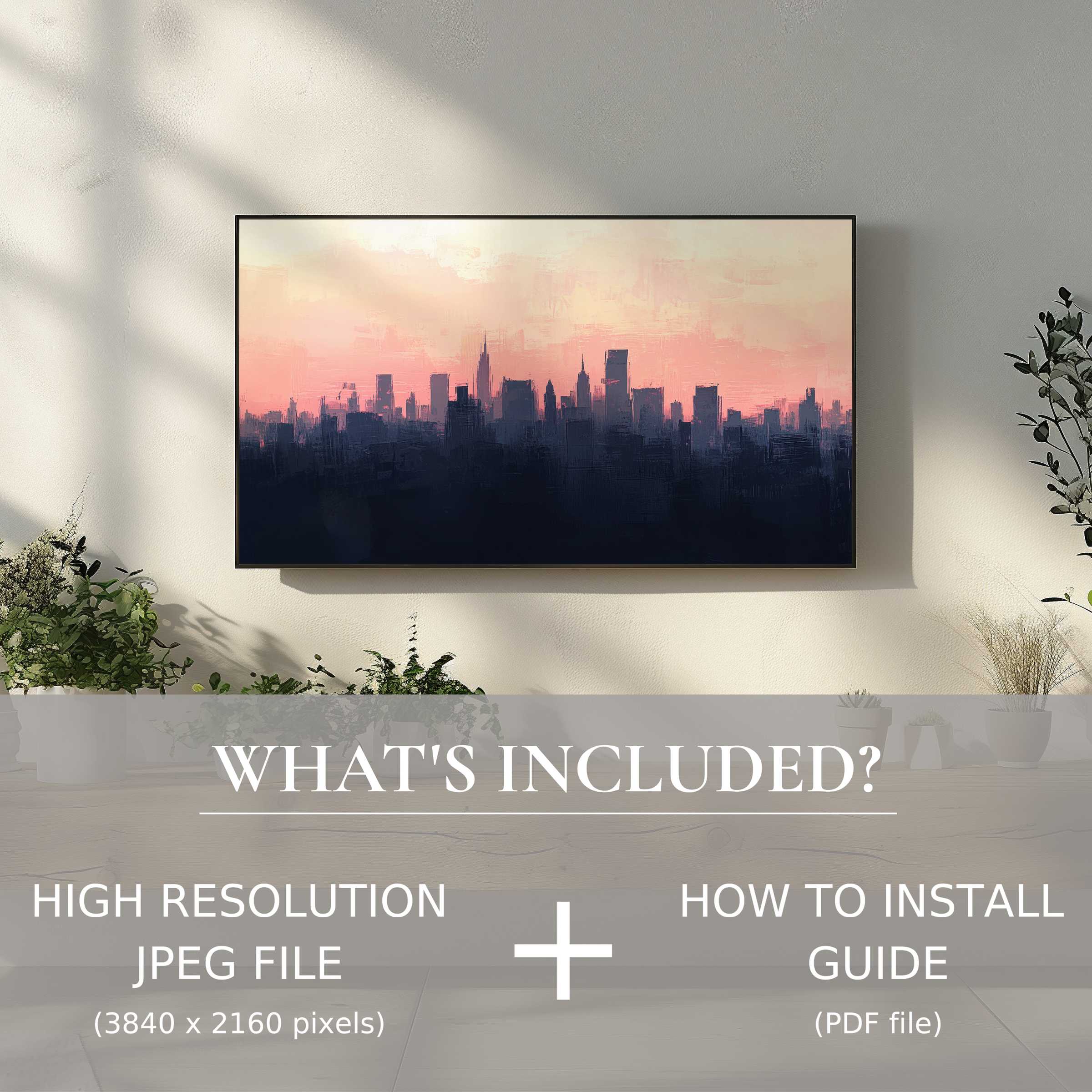 Elegant urban digital TV art download showing a modern cityscape; easy digital use to elevate living spaces