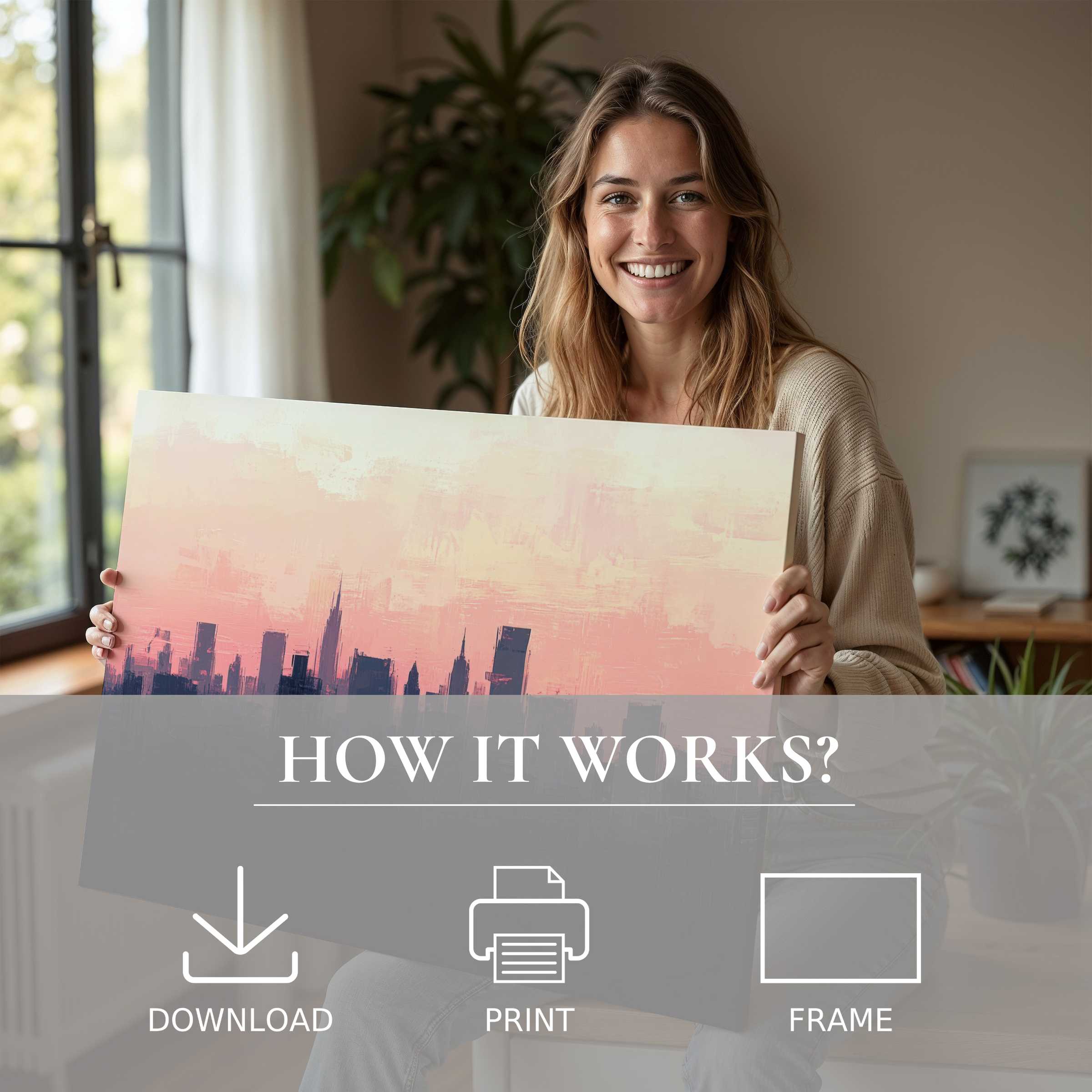 Bright urban digital art print brings warmth and joy to a serene modern home, elevating everyday living with effortless elegance