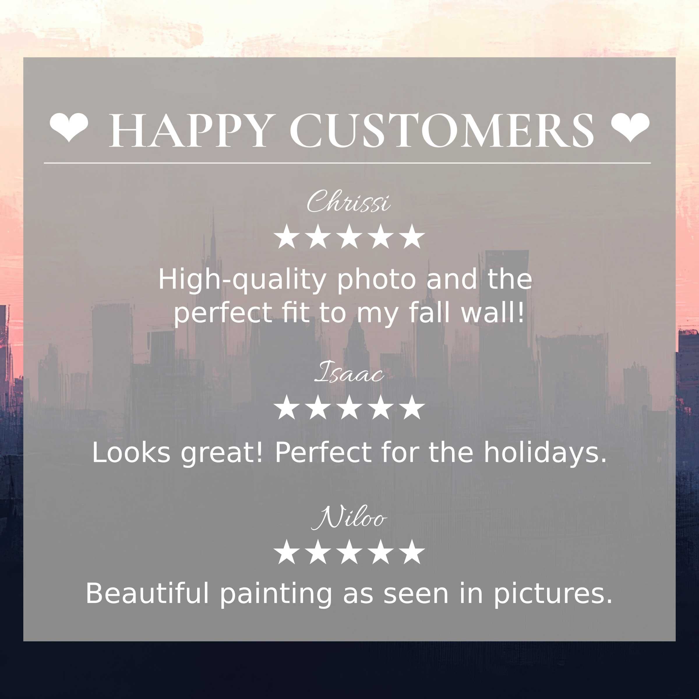 Urban art for Frame TV with abstract sunset skyline, highlighting happy customer reviews and sleek, trustworthy design