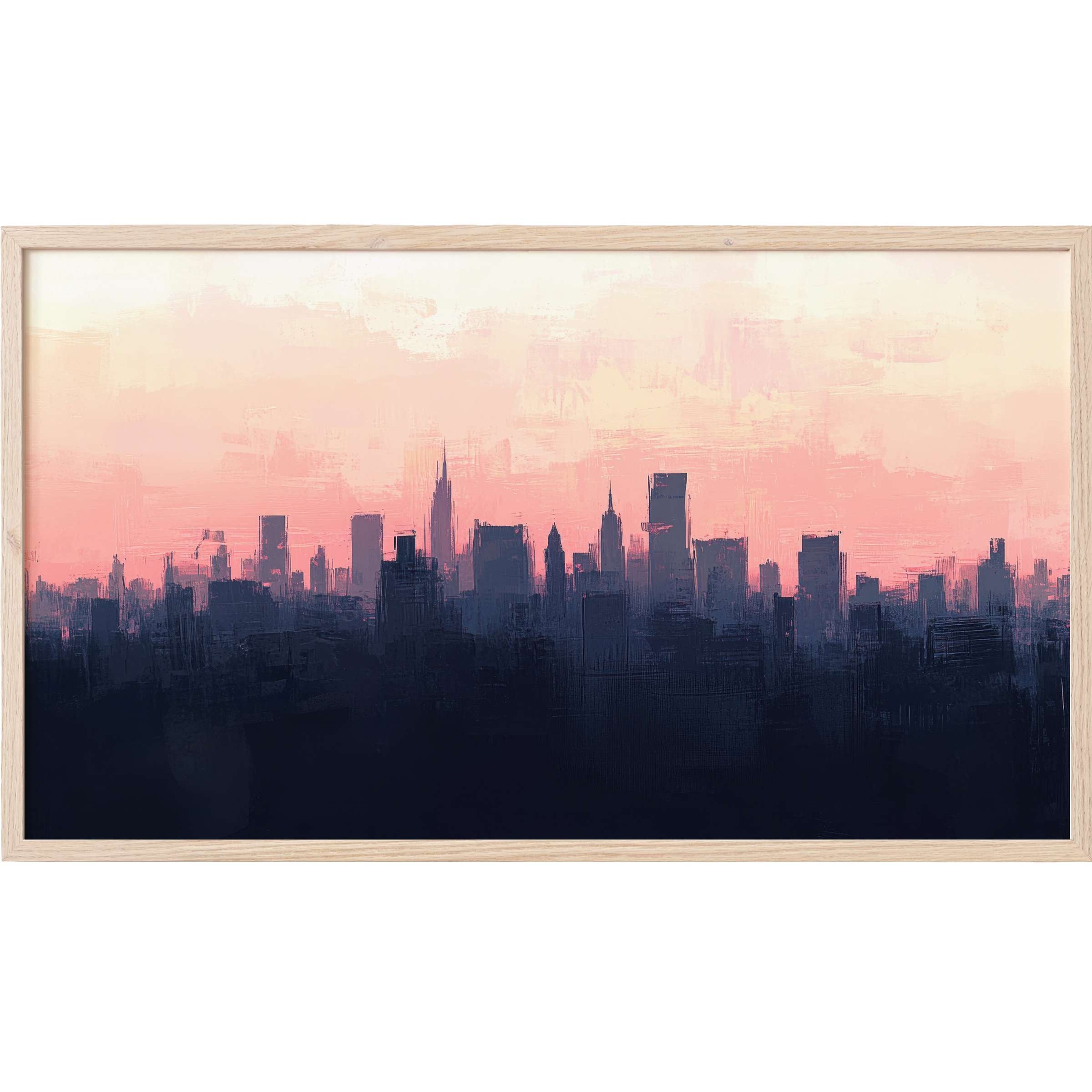 Urban Frame TV Art with moody navy skyline silhouettes against a soft blush and cream contemporary gradient
