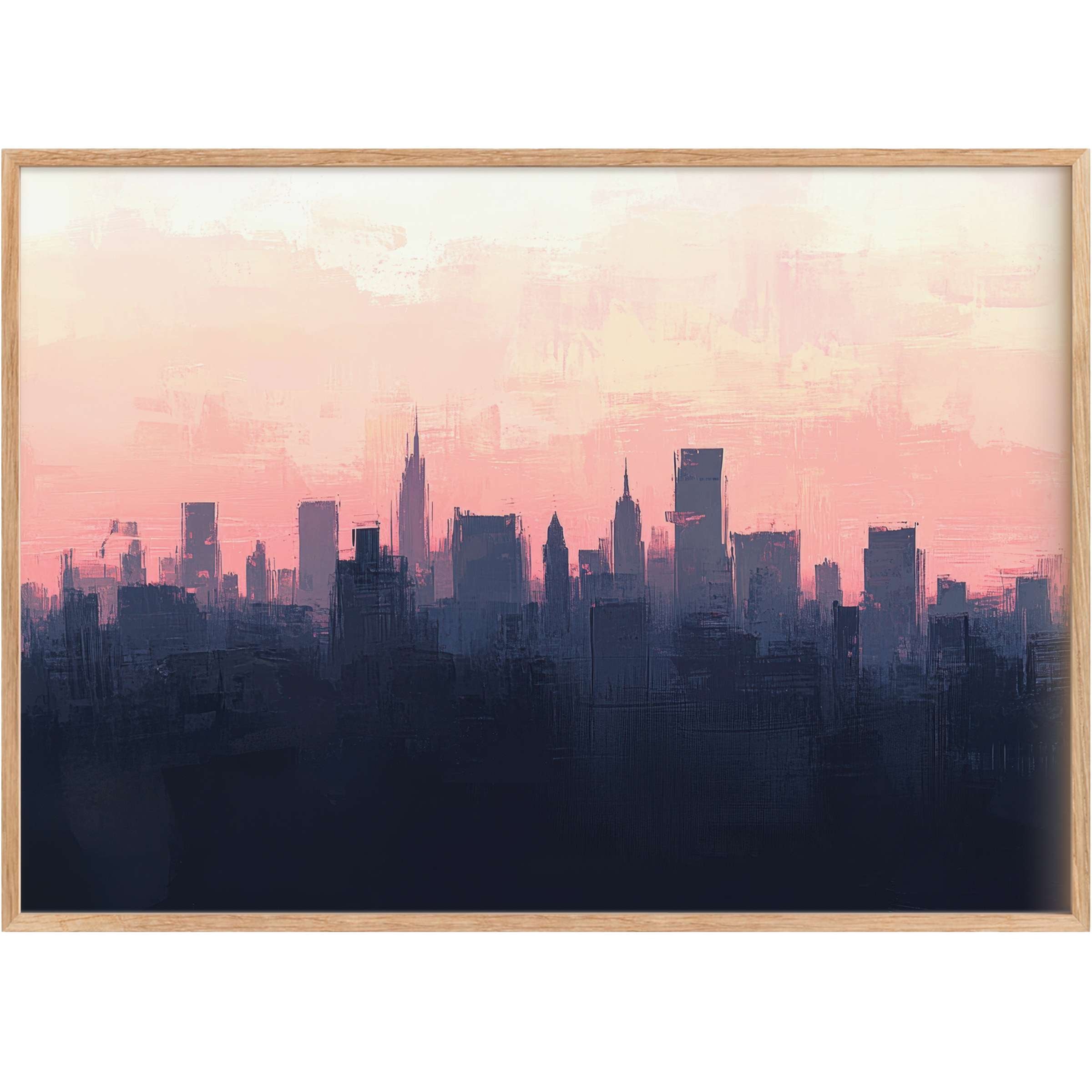Elegant urban printable wall art blending deep navy silhouettes with a soft rose sunset, evoking serene twilight energy