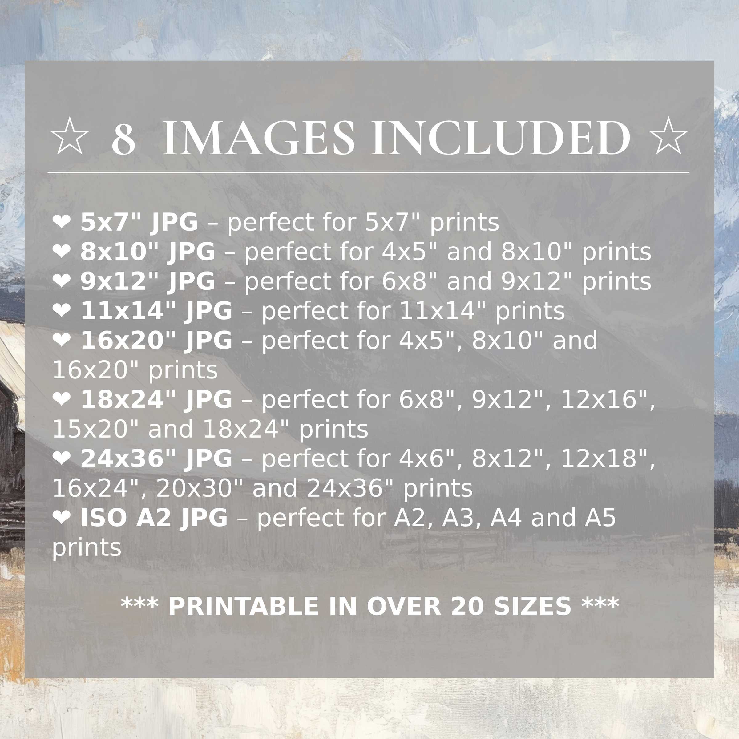 Farmhouse digital print in soothing blues and earth tones, evoking calm and warmth; includes 8 high-quality sizes to elevate modern interiors with versatile, elegant style