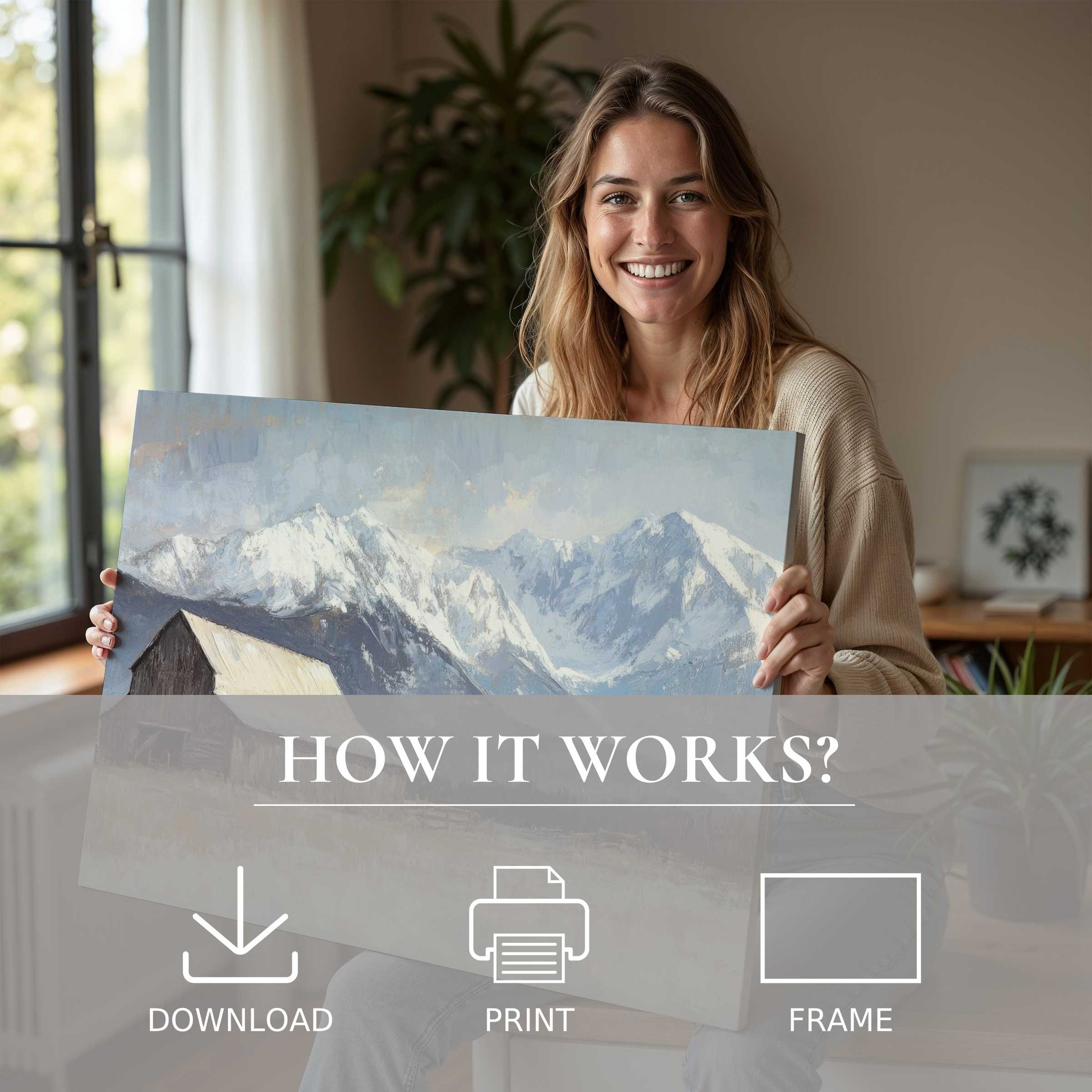 Radiant farmhouse digital art print embraced in a contemporary home, evoking serene joy and effortless living with art