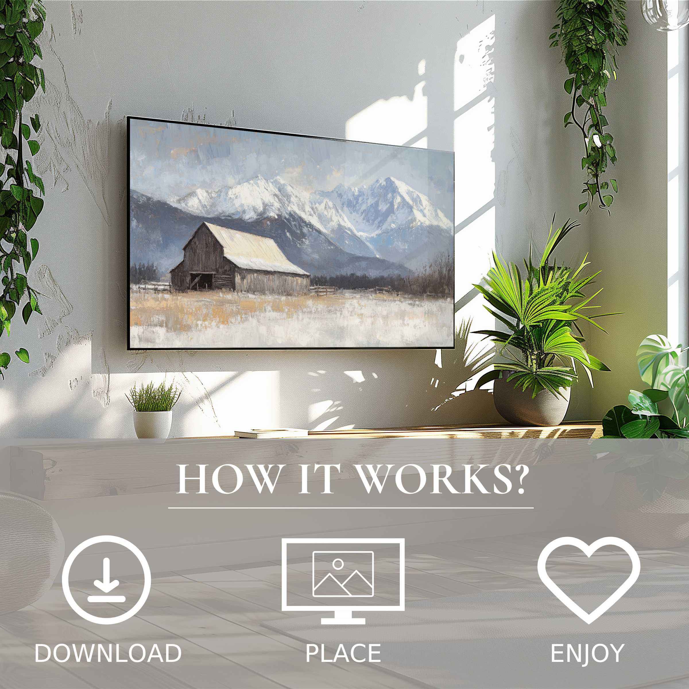 Farmhouse art for Samsung TV with serene snowy barn, easy digital download to enrich modern living spaces