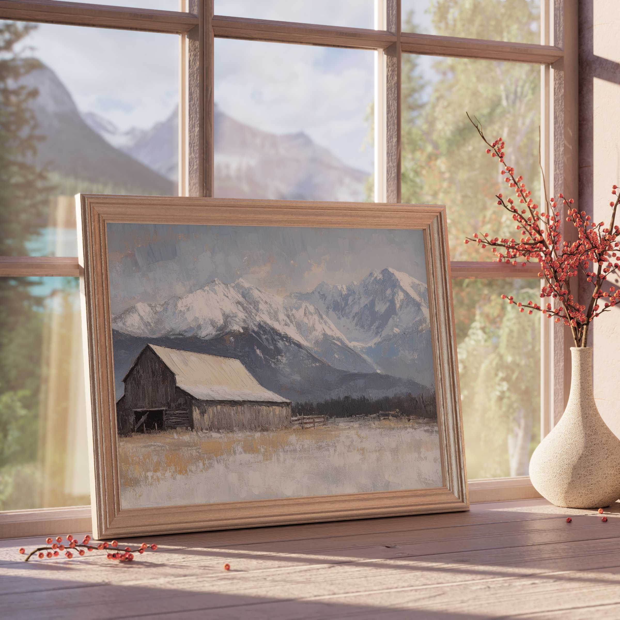 Farmhouse downloadable art capturing serene mountain tranquility, perfect for elevating curated, warm rustic interiors