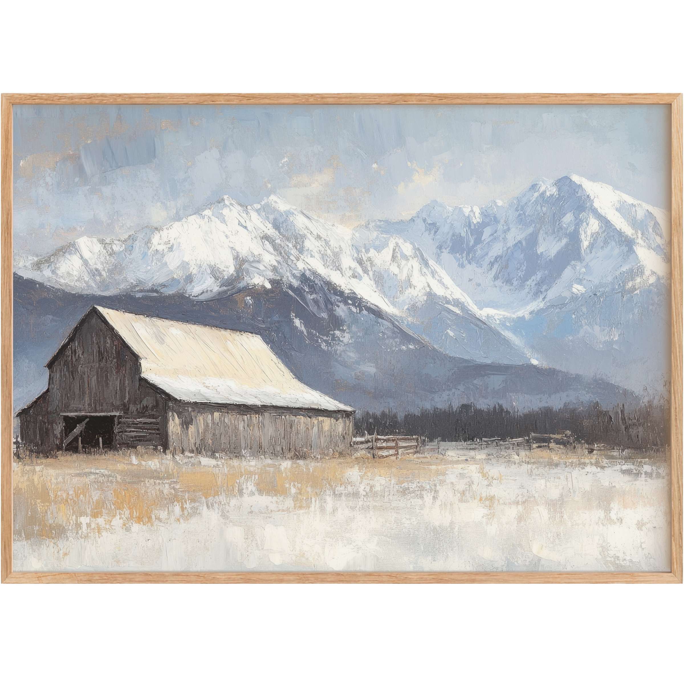 Rustic charm meets serene elegance in this farmhouse printable wall art, with muted blues and warm neutrals creating a calming snowy mountain mood