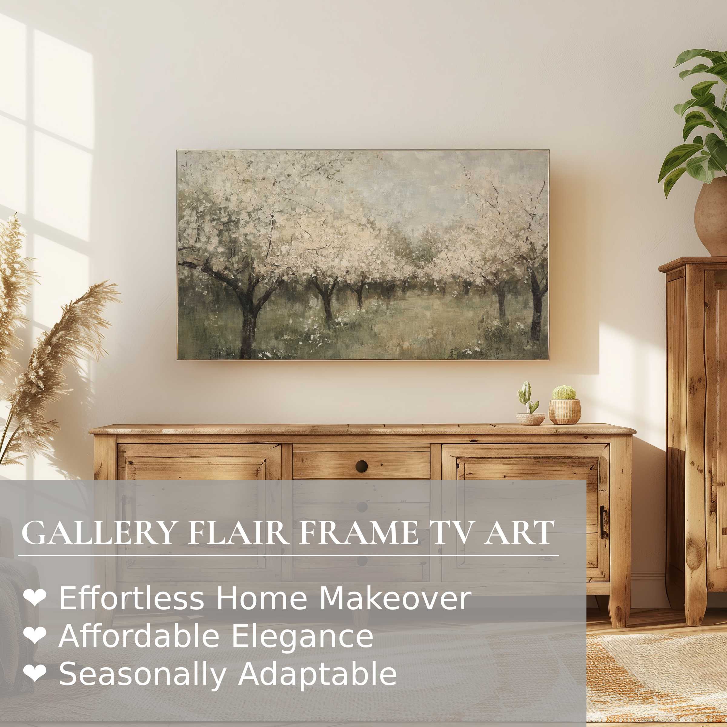 Samsung Frame TV showcases vintage digital artwork of serene blossoming trees in a warm, elegant modern setting