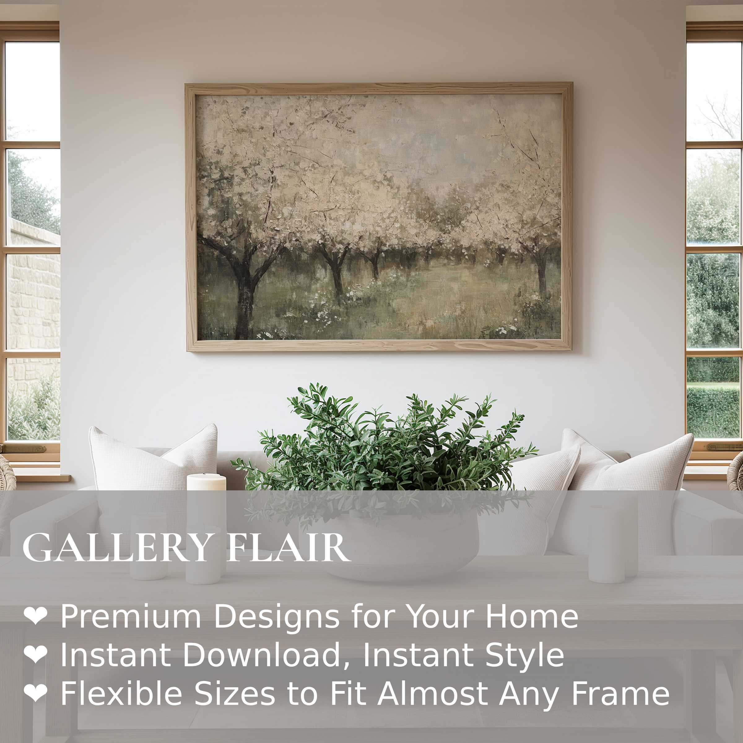 Vintage wall art print of serene blossoming trees, evoking soft calm in a modern, minimalist living space, enriched with natural textures