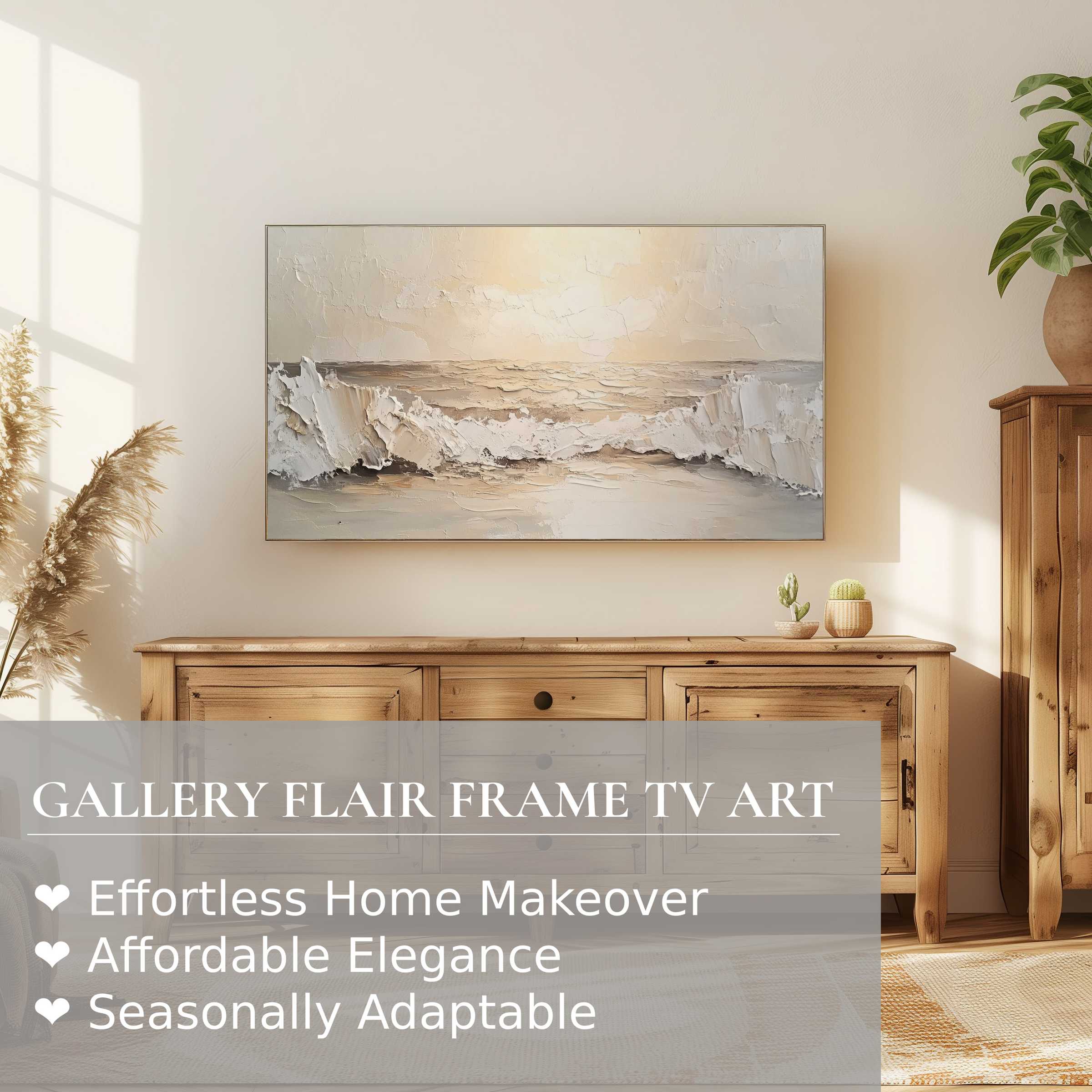 Samsung Frame TV displaying textured summer digital artwork of serene waves in a modern, sunlit living space