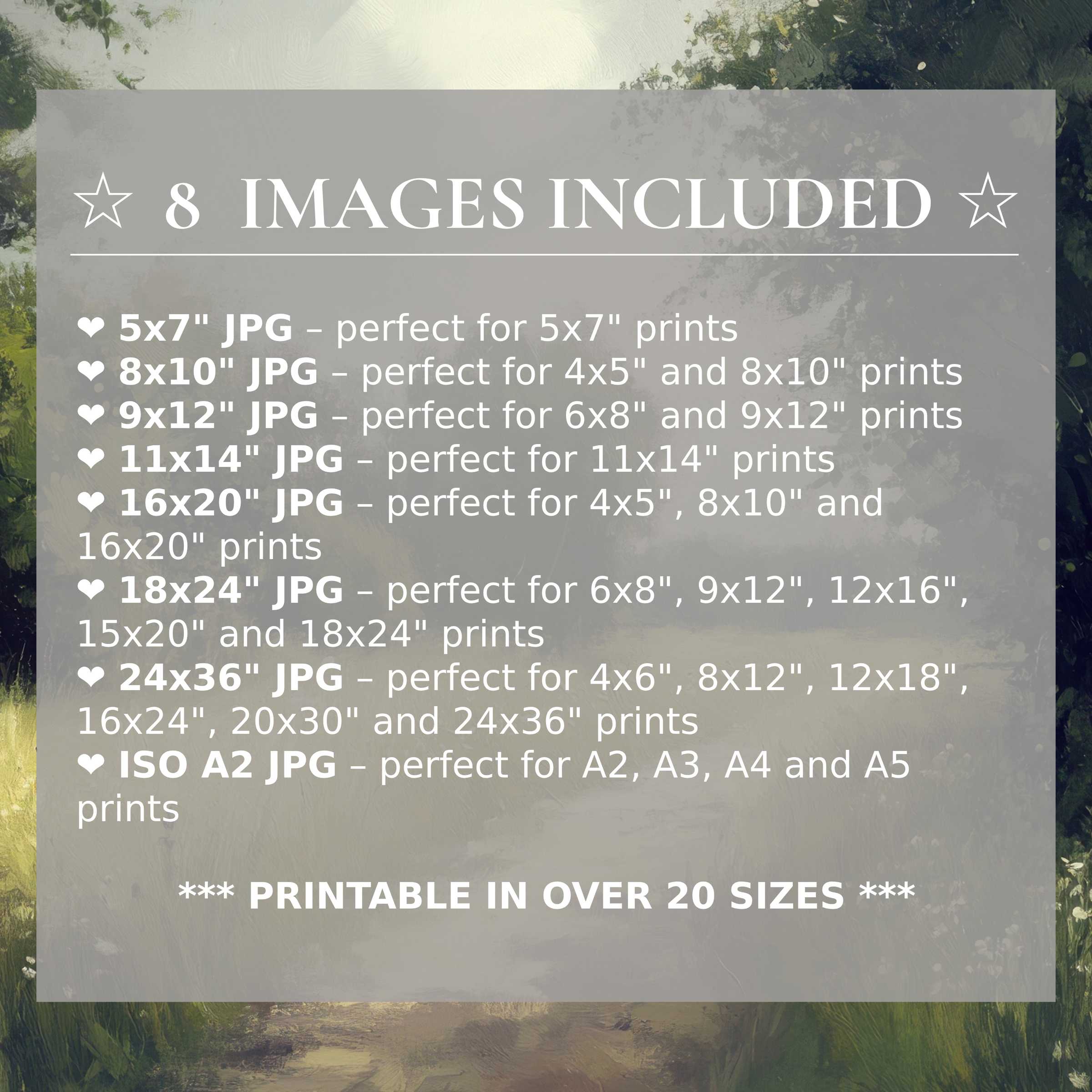 Radiant landscape digital print in lush greens and soft neutrals, elevating modern interiors with style; includes 8 premium sizes