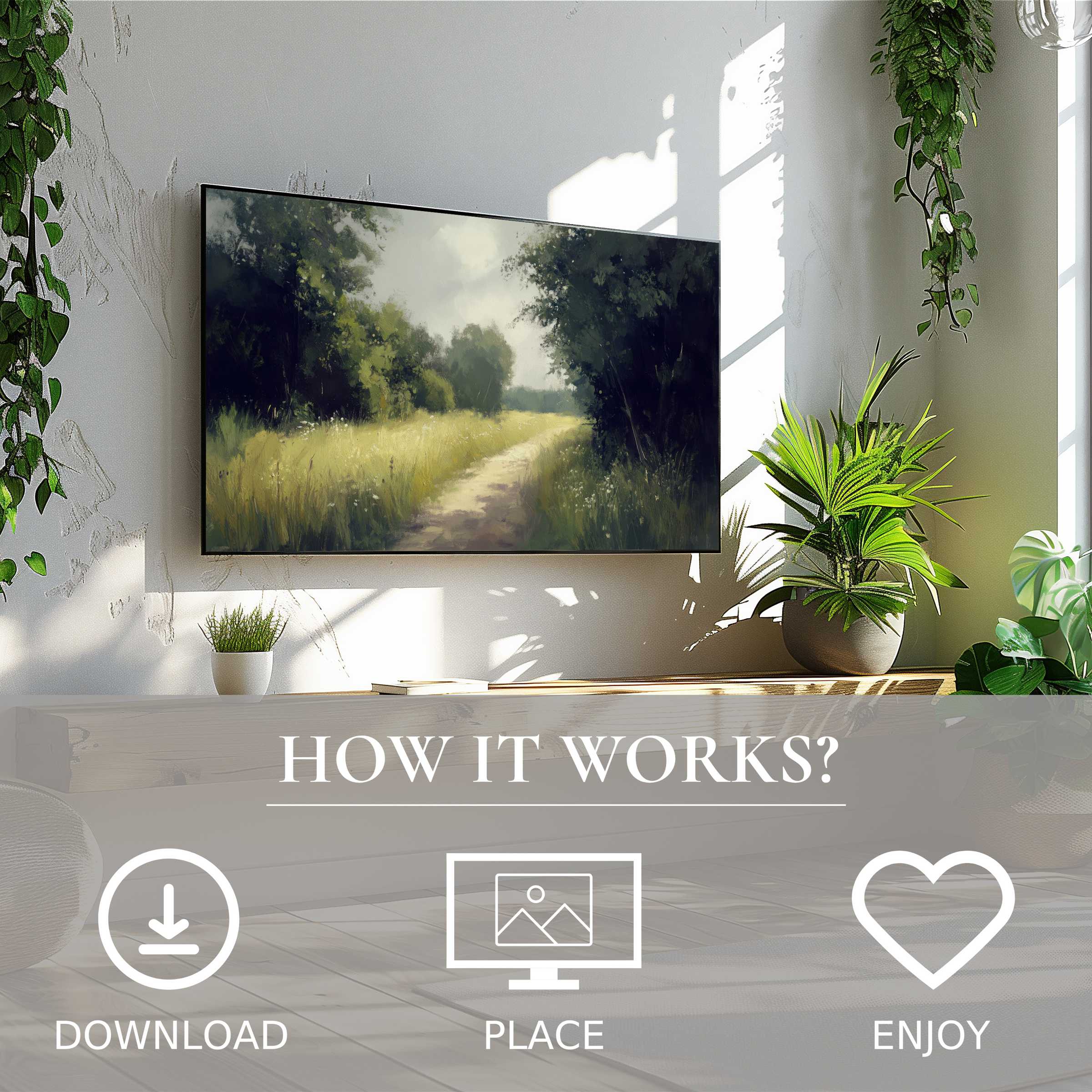 Modern living space with digital landscape art for Samsung TV, soft green and beige countryside, easy download enriches rooms