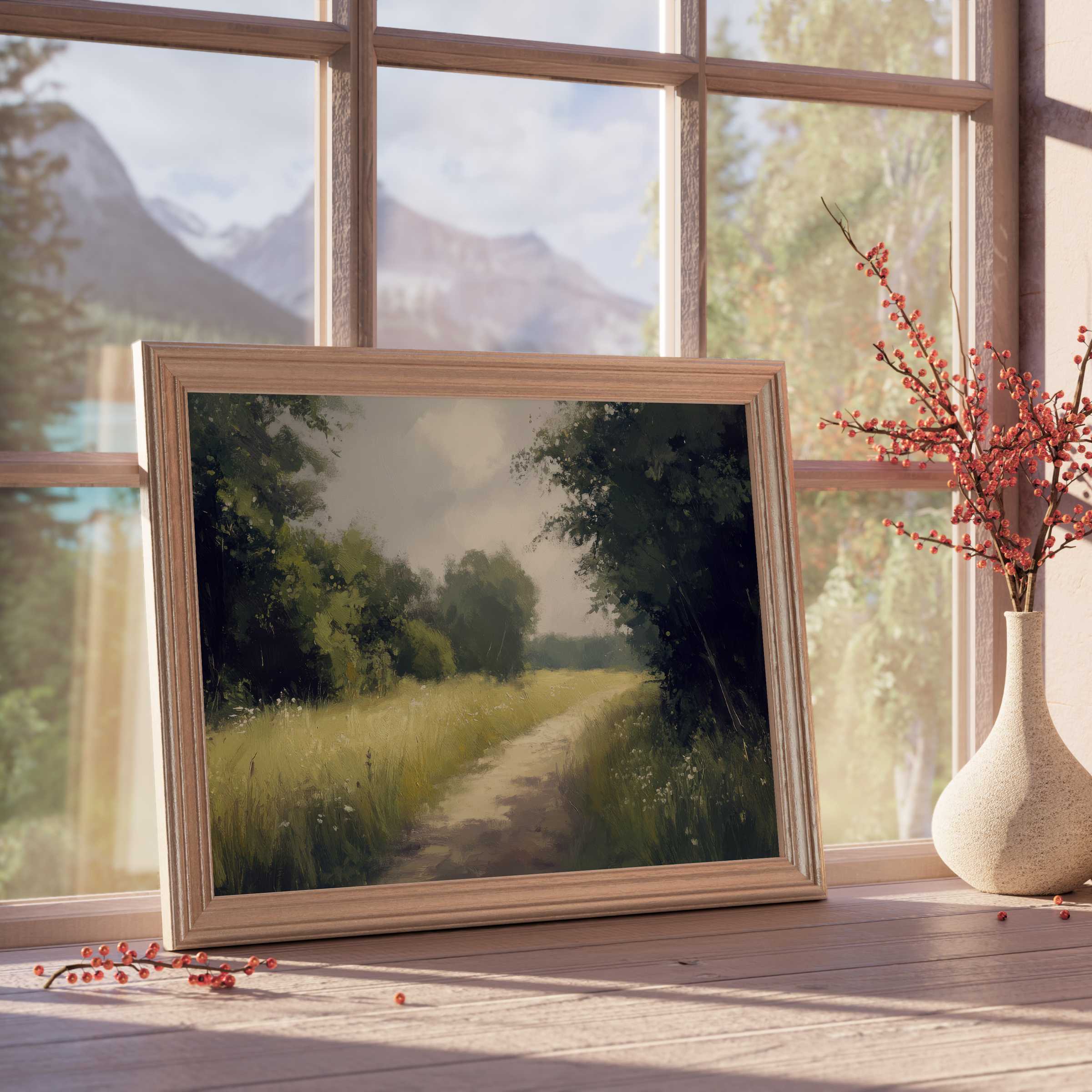 Serene landscape downloadable art capturing a sunlit path through lush meadows, perfect for tranquil, design-forward interiors