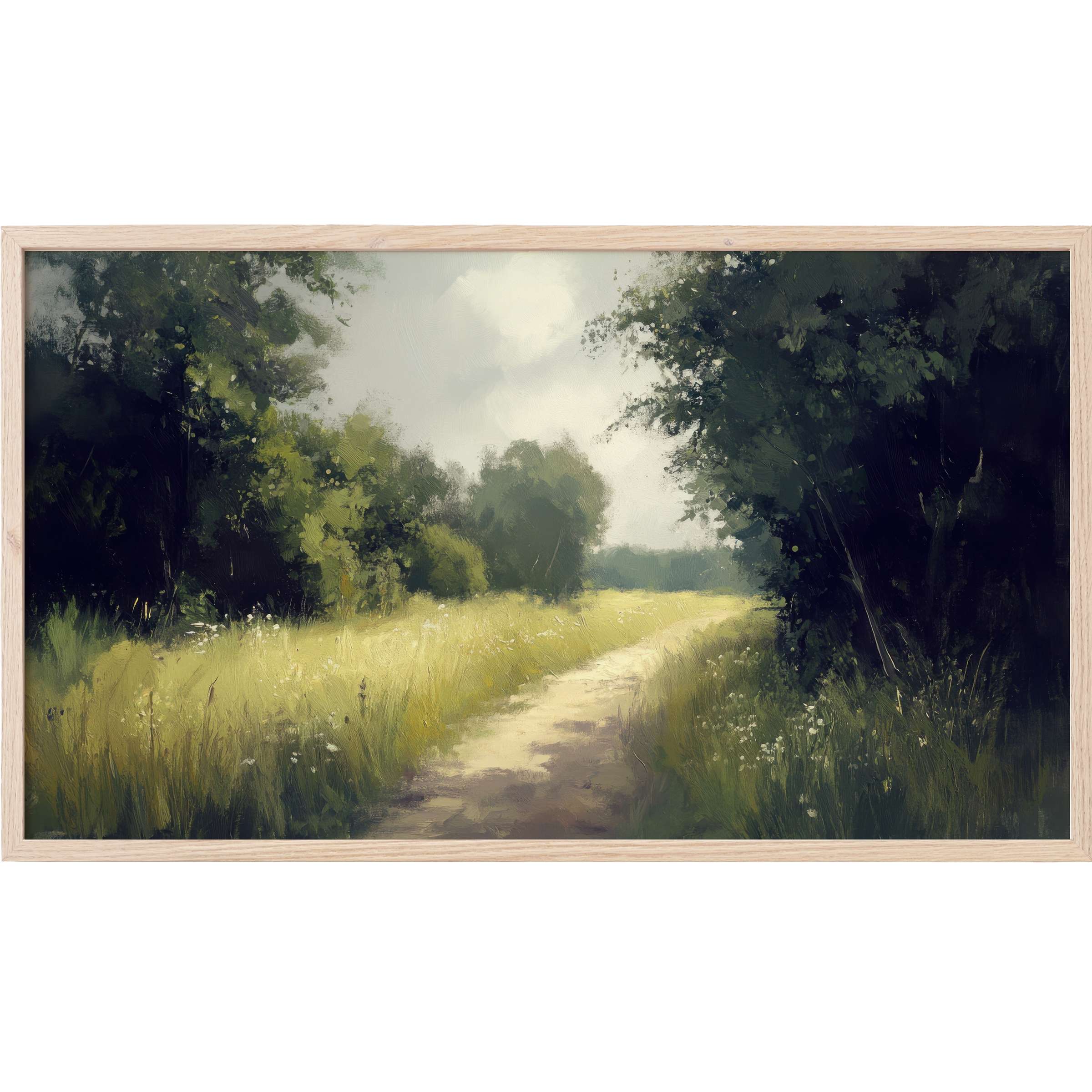 Serene pathway through lush greenery in muted greens and soft yellows, elegant landscape Frame TV Art