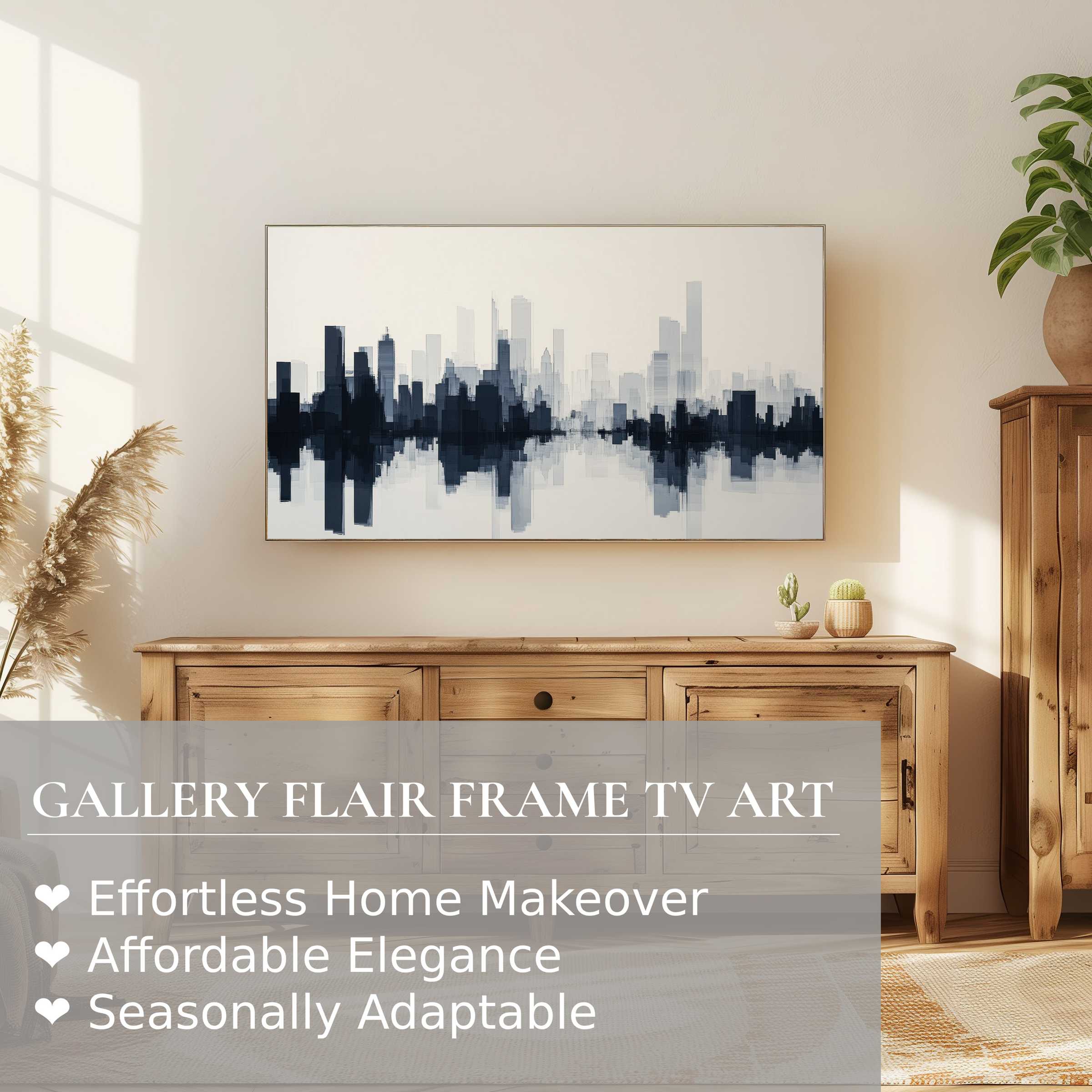 Minimalist living space with warm wood tones showcasing Samsung Frame TV and modern digital artwork cityscape