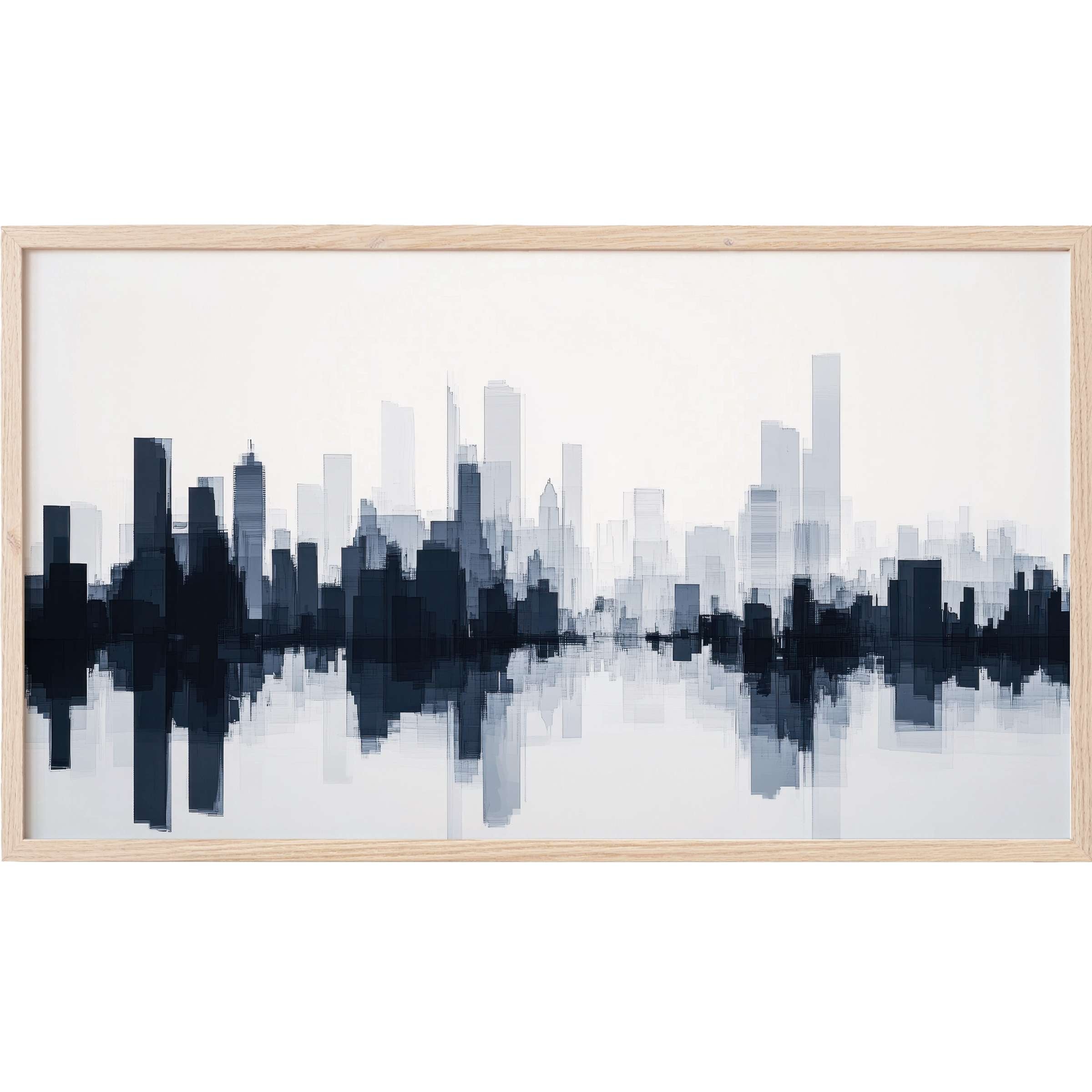 Abstract city skyline in layered grays and blacks with reflective symmetry, sleek modern Frame TV Art for sophisticated spaces