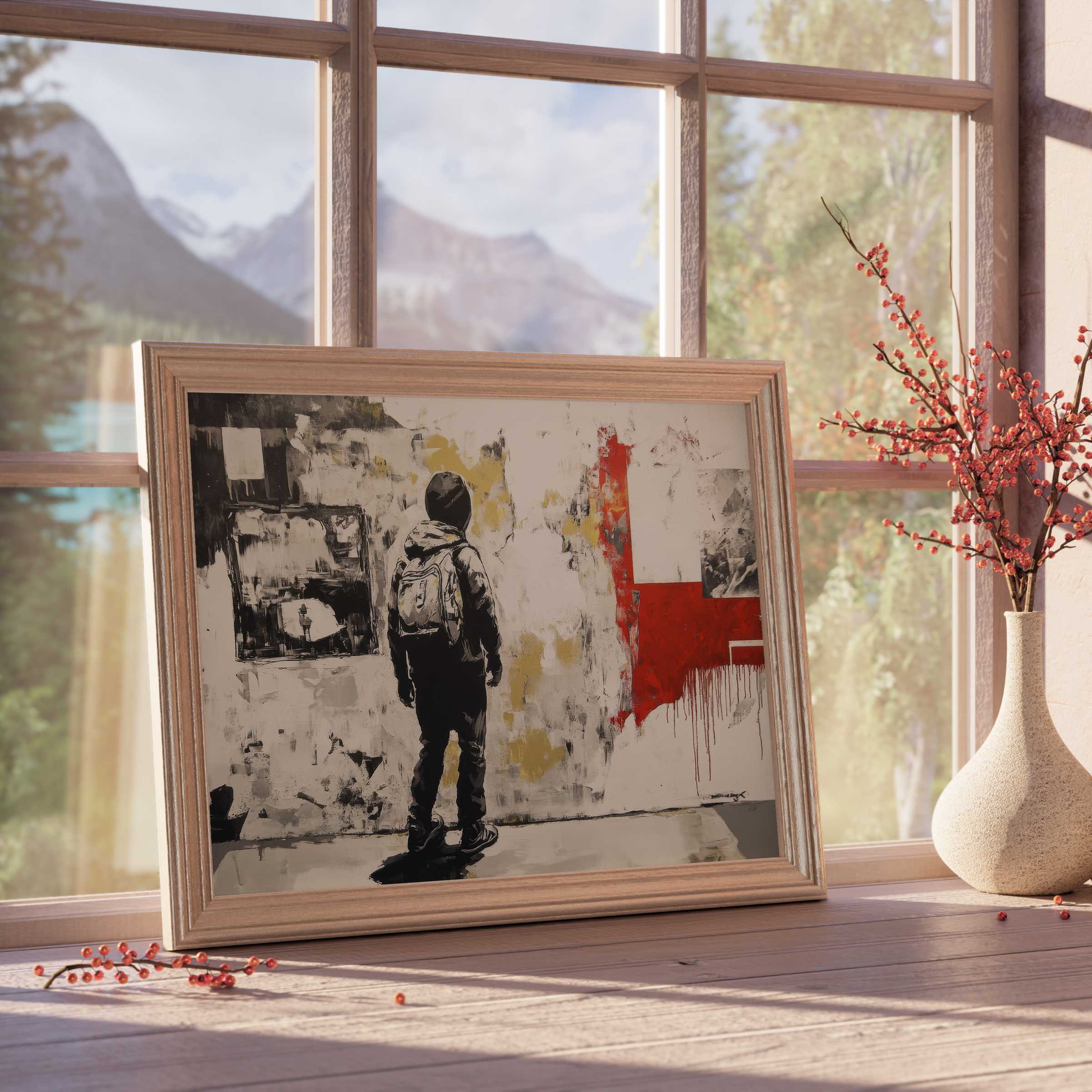 Street art downloadable art featuring a contemplative figure in muted tones, enhancing curated, tranquil modern interiors with urban edge