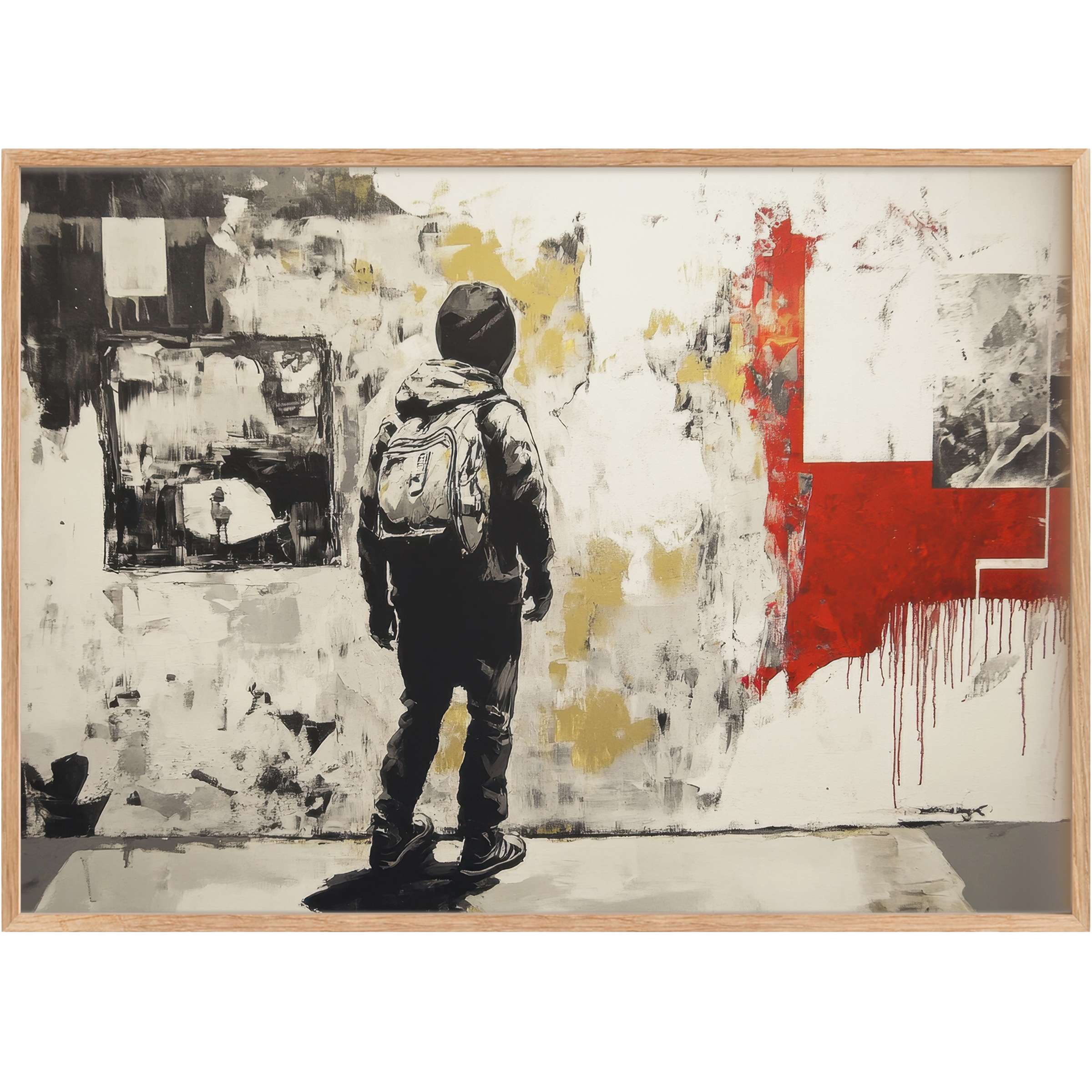 Street art printable wall art with a contemplative figure in muted blacks, golds, and bold red, evoking urban introspection and depth