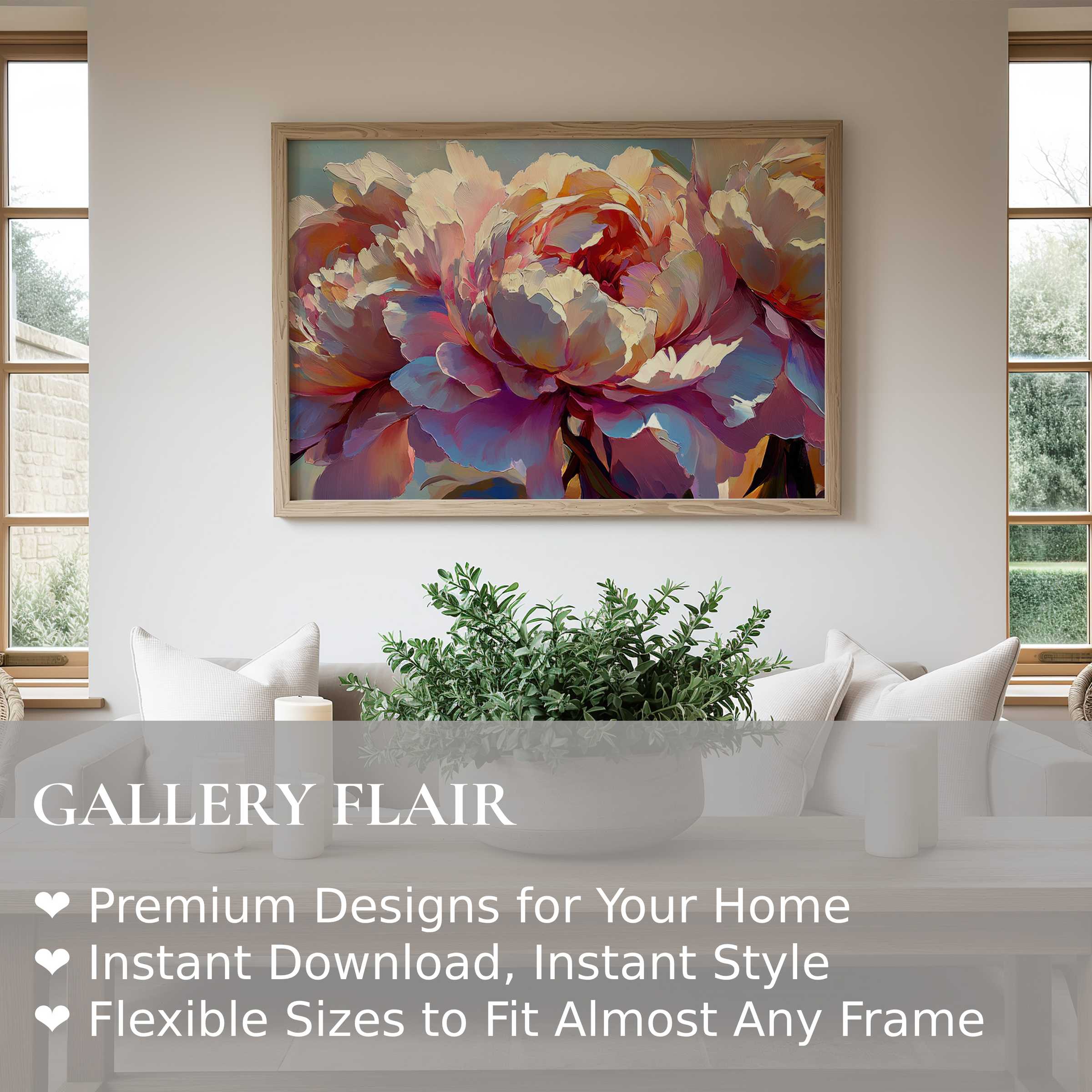 Floral wall art print featuring radiant peonies in soft hues, enhancing modern minimalist interiors with bold, elegant charm