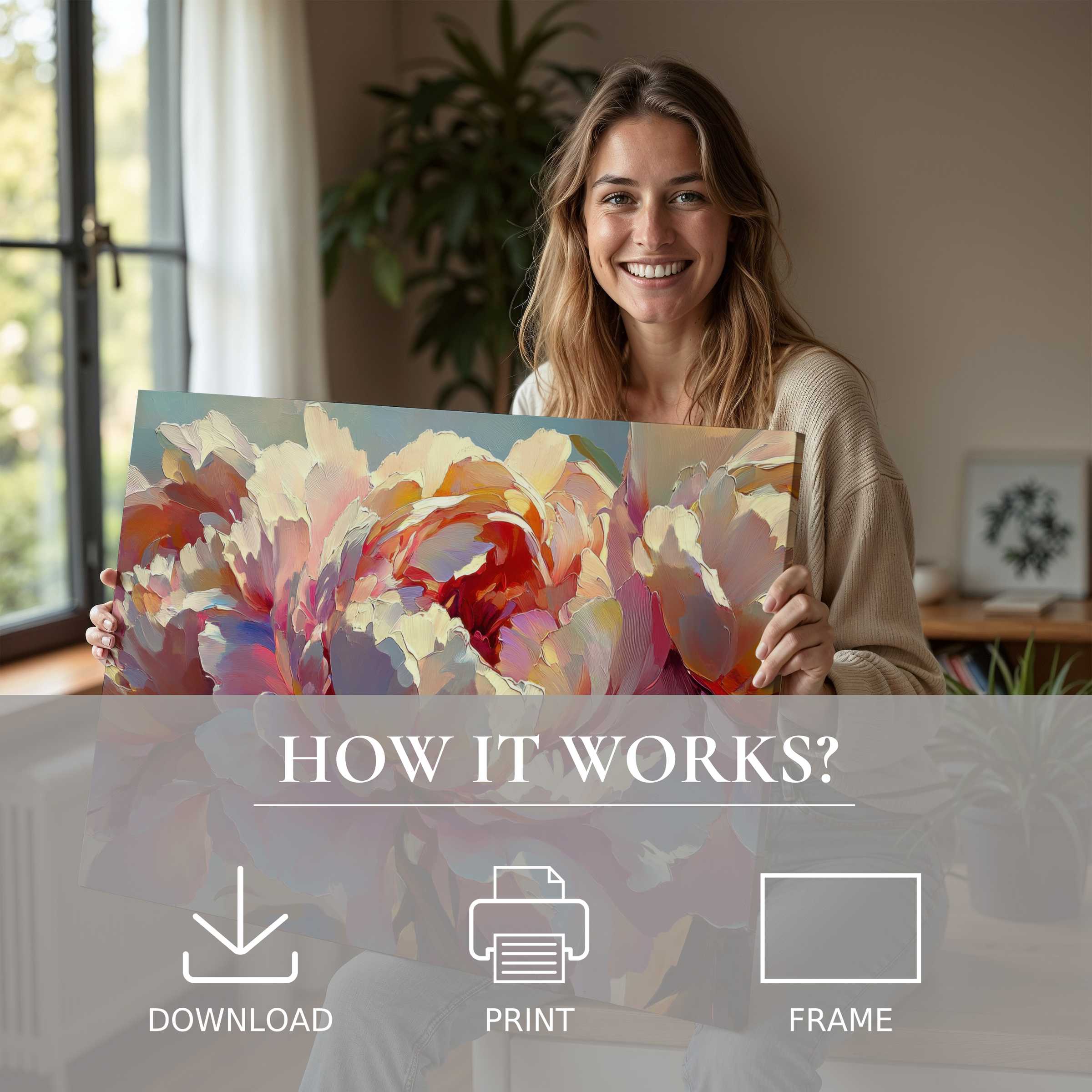 Joy radiates as she embraces a floral digital art print, infusing her modern home with effortless elegance