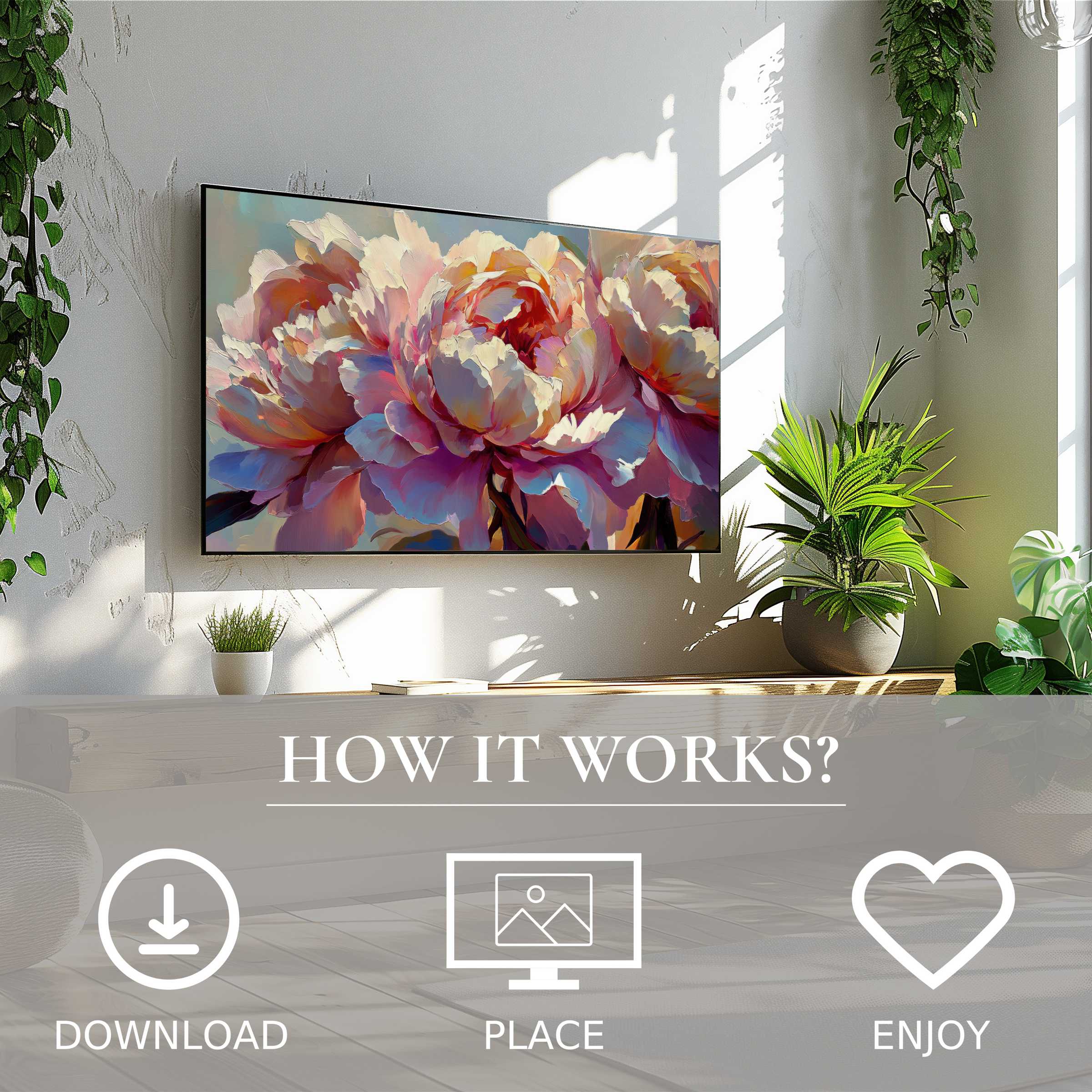 Floral art for Samsung TV showing soft sunset tones, easy digital download enriches modern, plant-filled living spaces