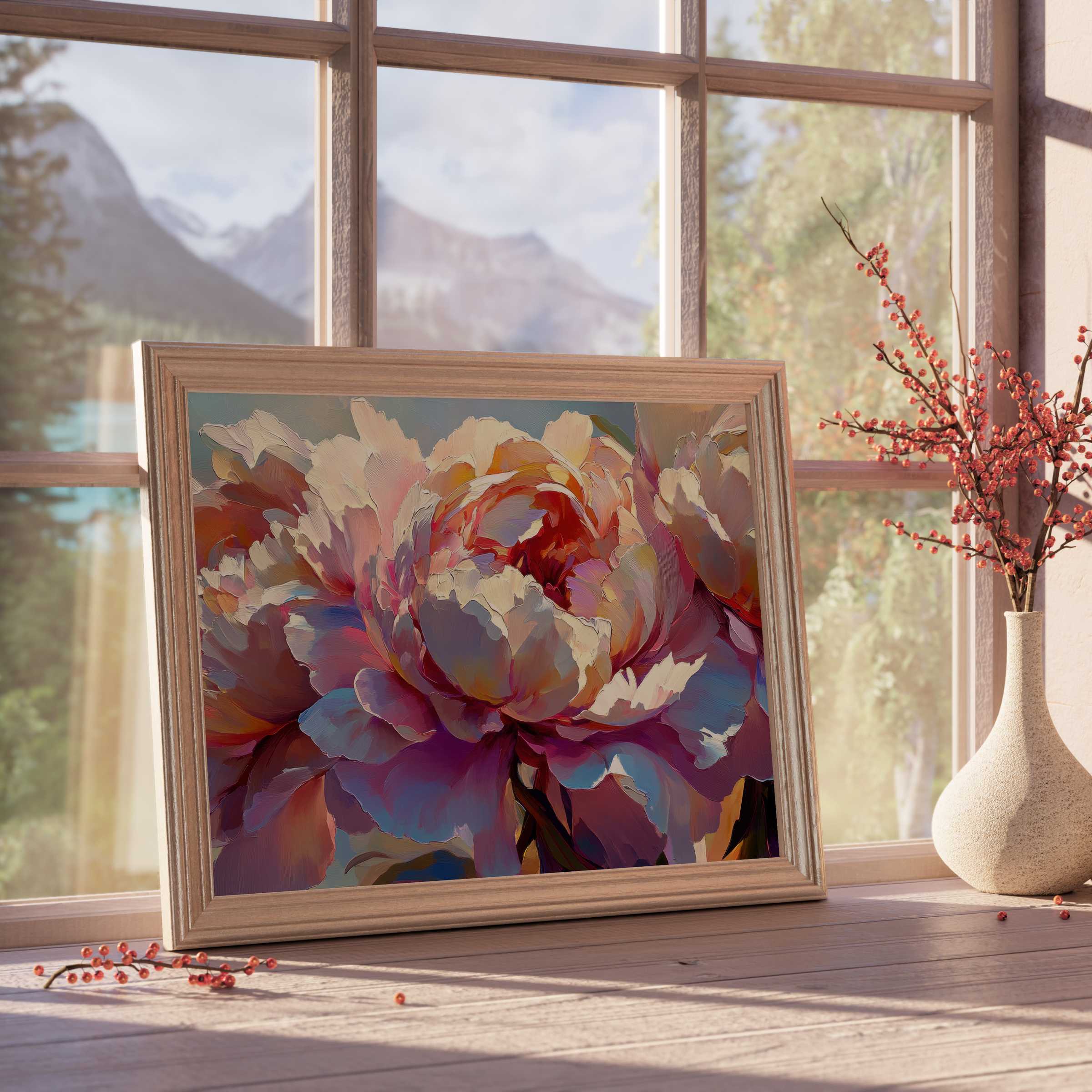 Floral downloadable art blooming with rich hues, perfect for curated, tranquil interiors that exude refined elegance and warmth