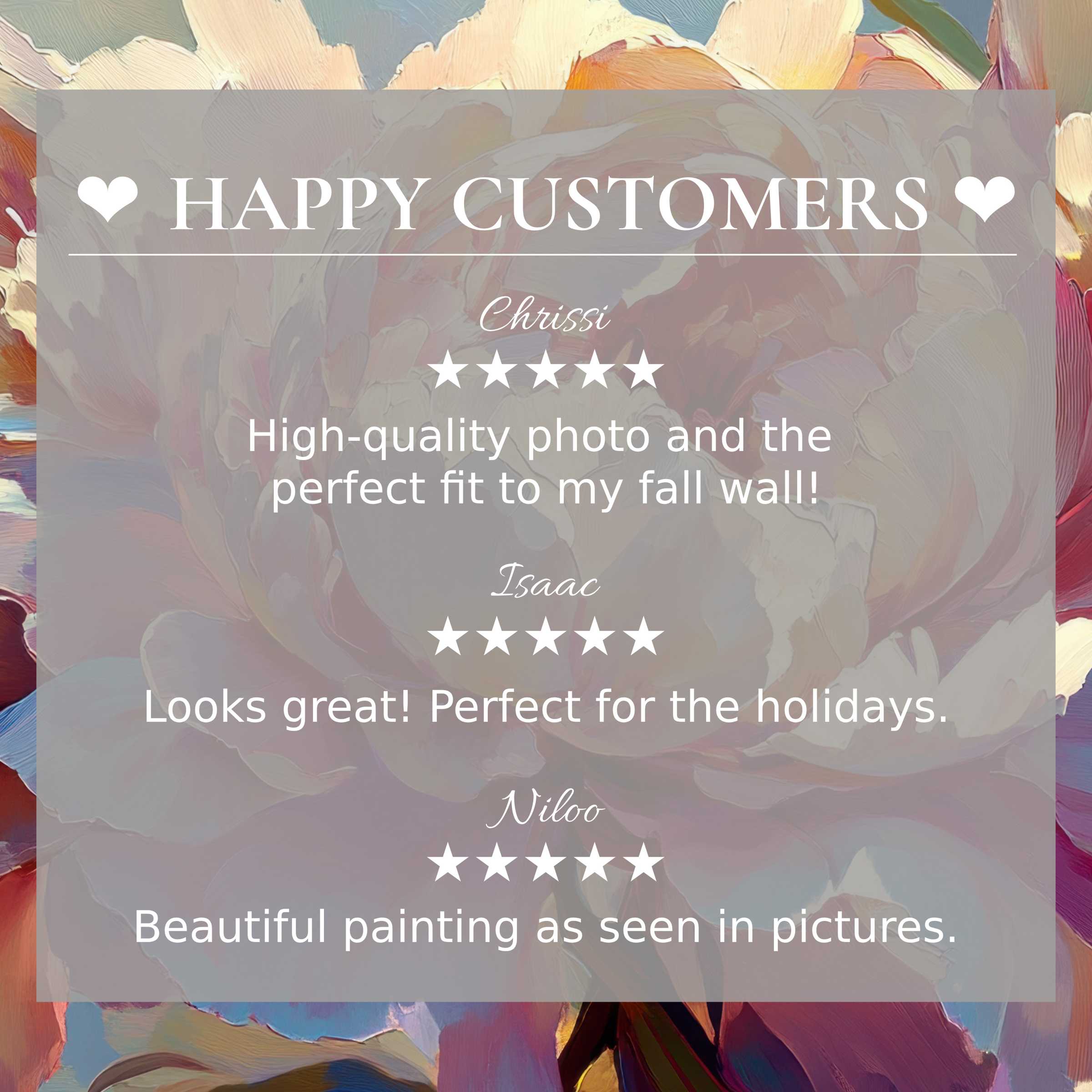 Floral art for Frame TV with abstract sunset hues, showcasing happy customer reviews and elegant, trusted style