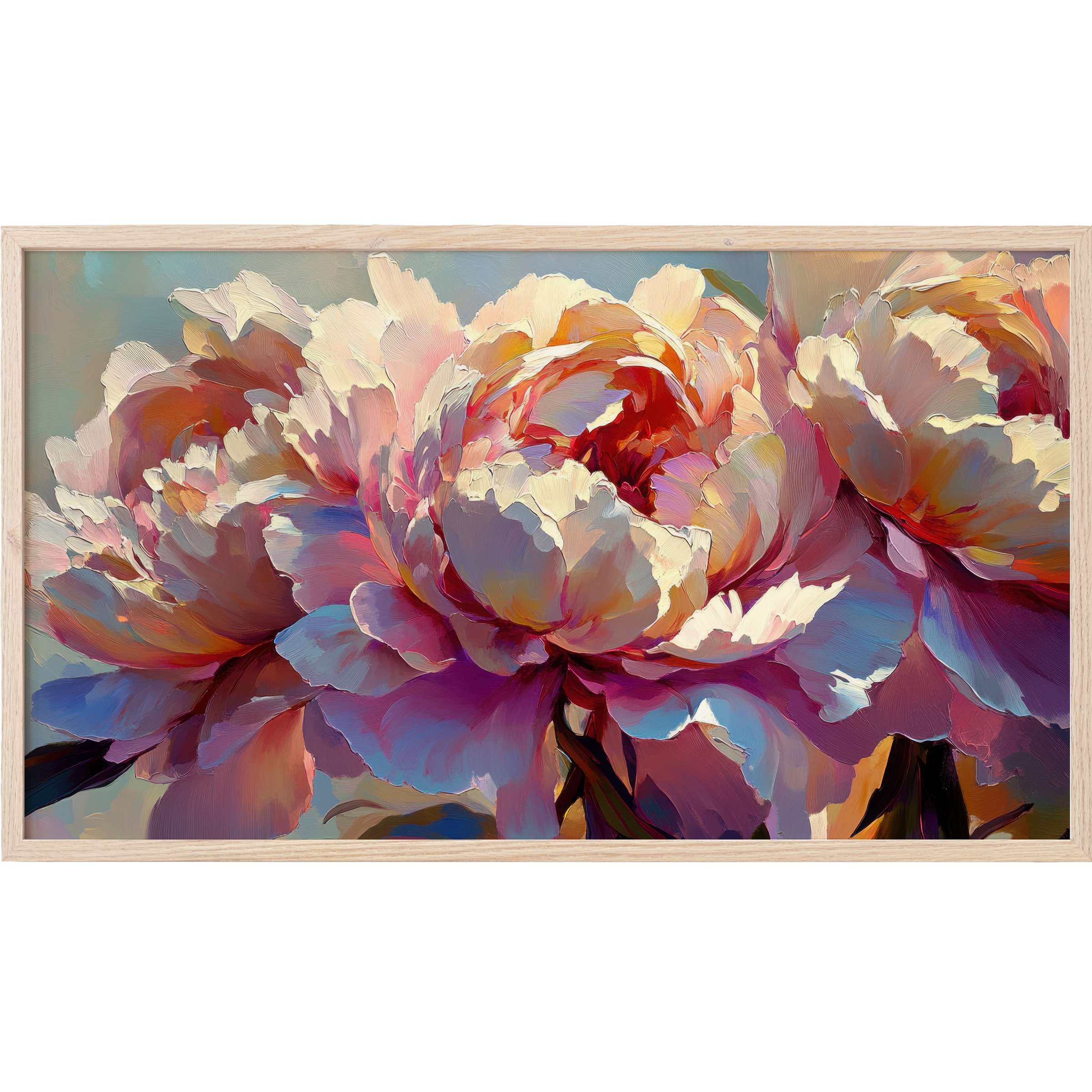 Floral Frame TV Art featuring lush, vibrant peonies in soft pinks, purples, and creams with a modern painterly style