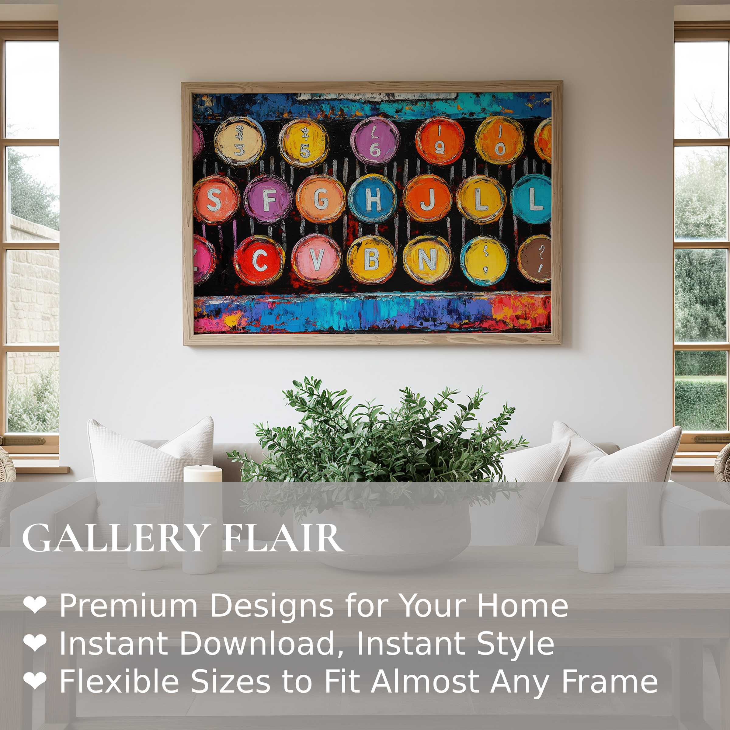 Vibrant pop art wall art print of retro typewriter keys in bold hues, enriching modern minimalist interiors with dynamic charm