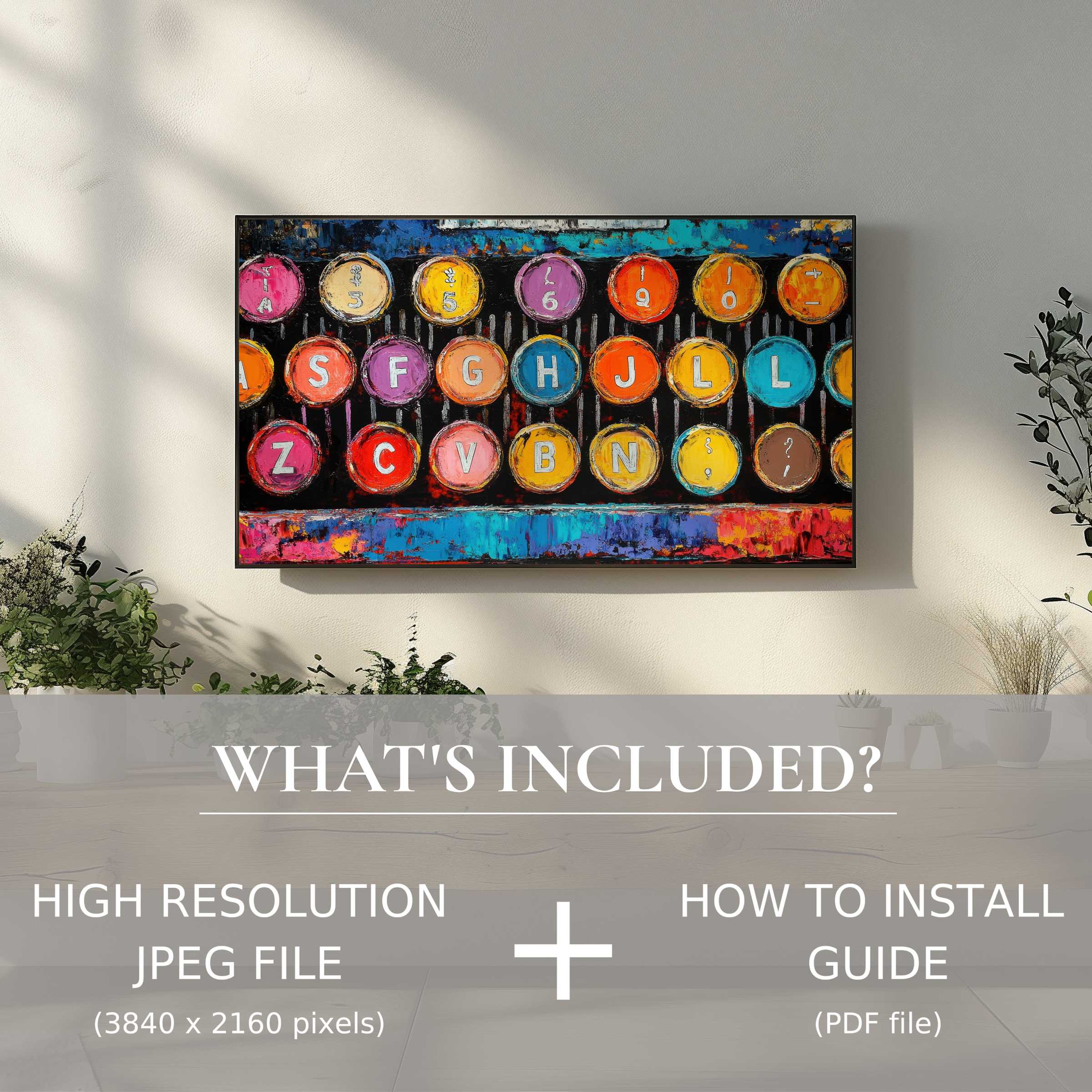 Elegant living space featuring a pop art digital TV art download, easy to use and enhances modern decor