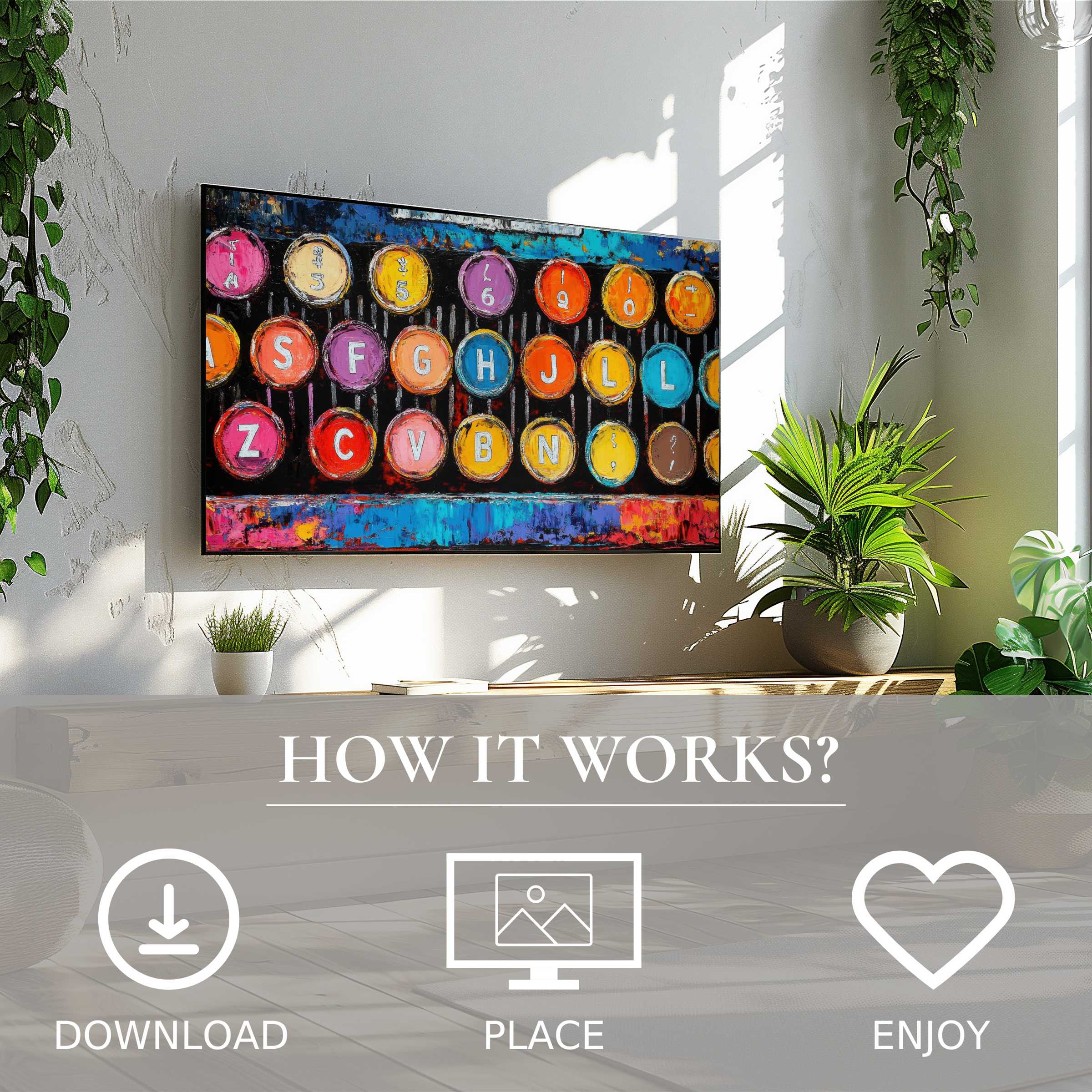 Pop art art for Samsung TV showing colorful vintage typewriter keys, easy digital download to enrich your space
