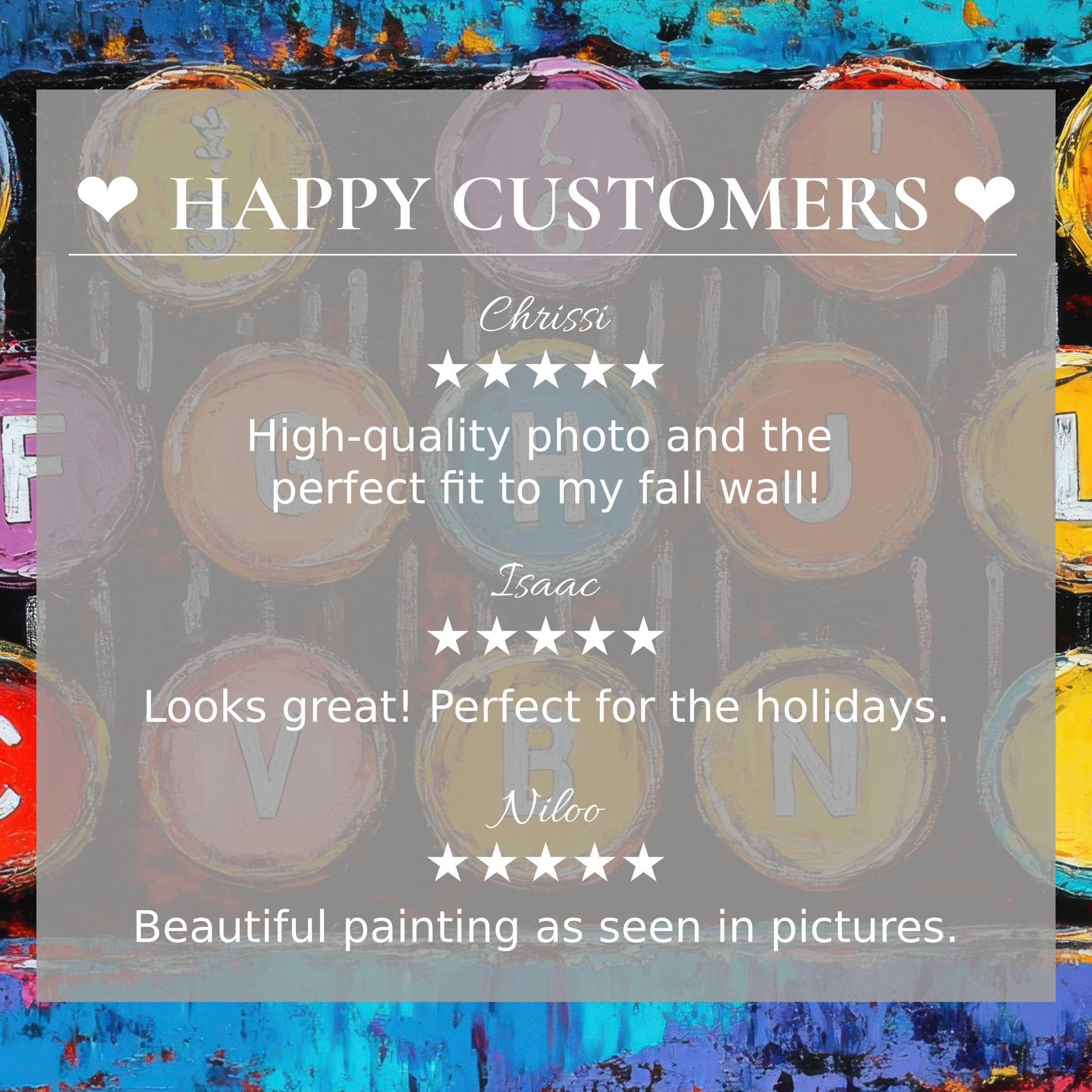 Pop art for Frame TV with abstract sunset hues; happy customer reviews build trust and highlight elegant design