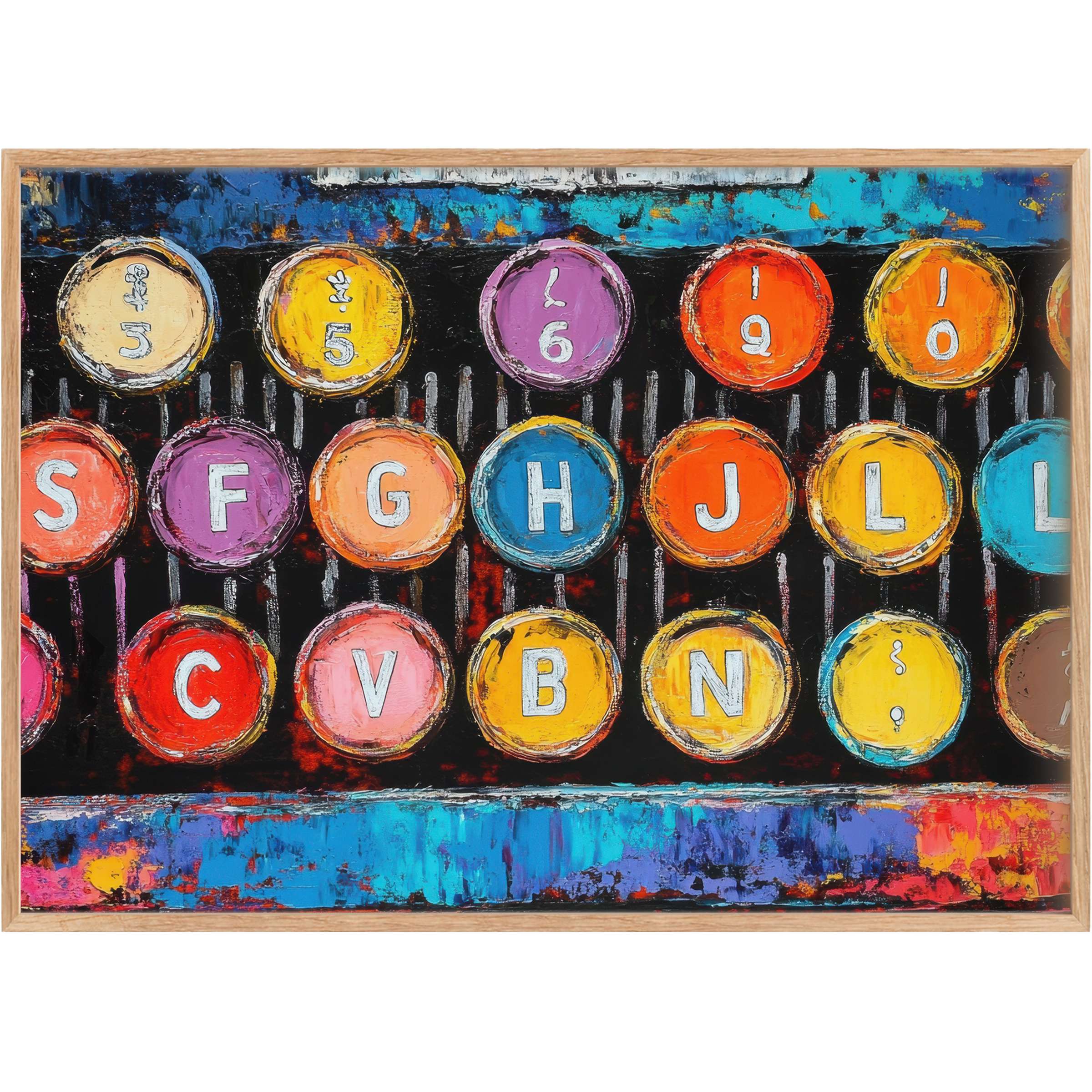 Vibrant pop art printable wall art featuring colorful typewriter keys in rich blues, oranges, and purples, sparking joy and creative energy