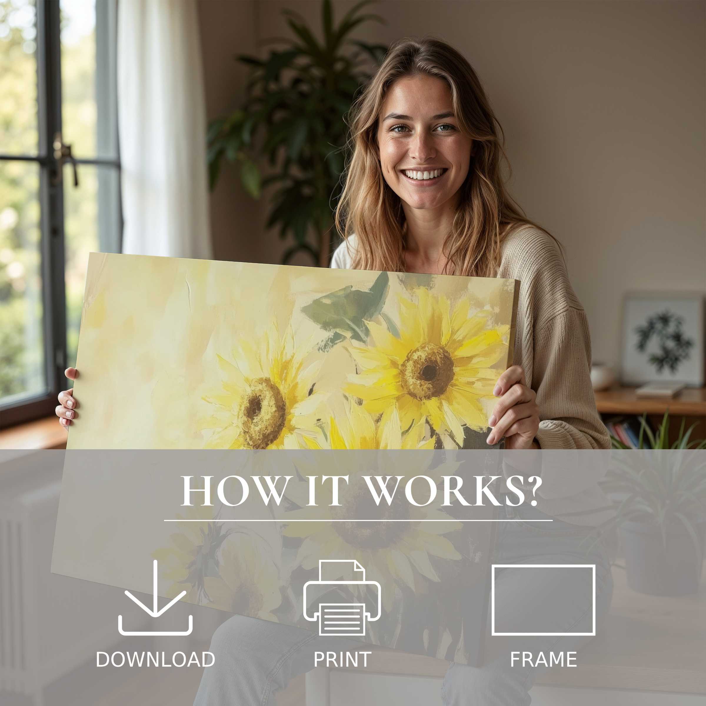 A radiant moment of joy and connection in a modern home, showcasing a spring digital art print of sunlit, abstract sunflowers