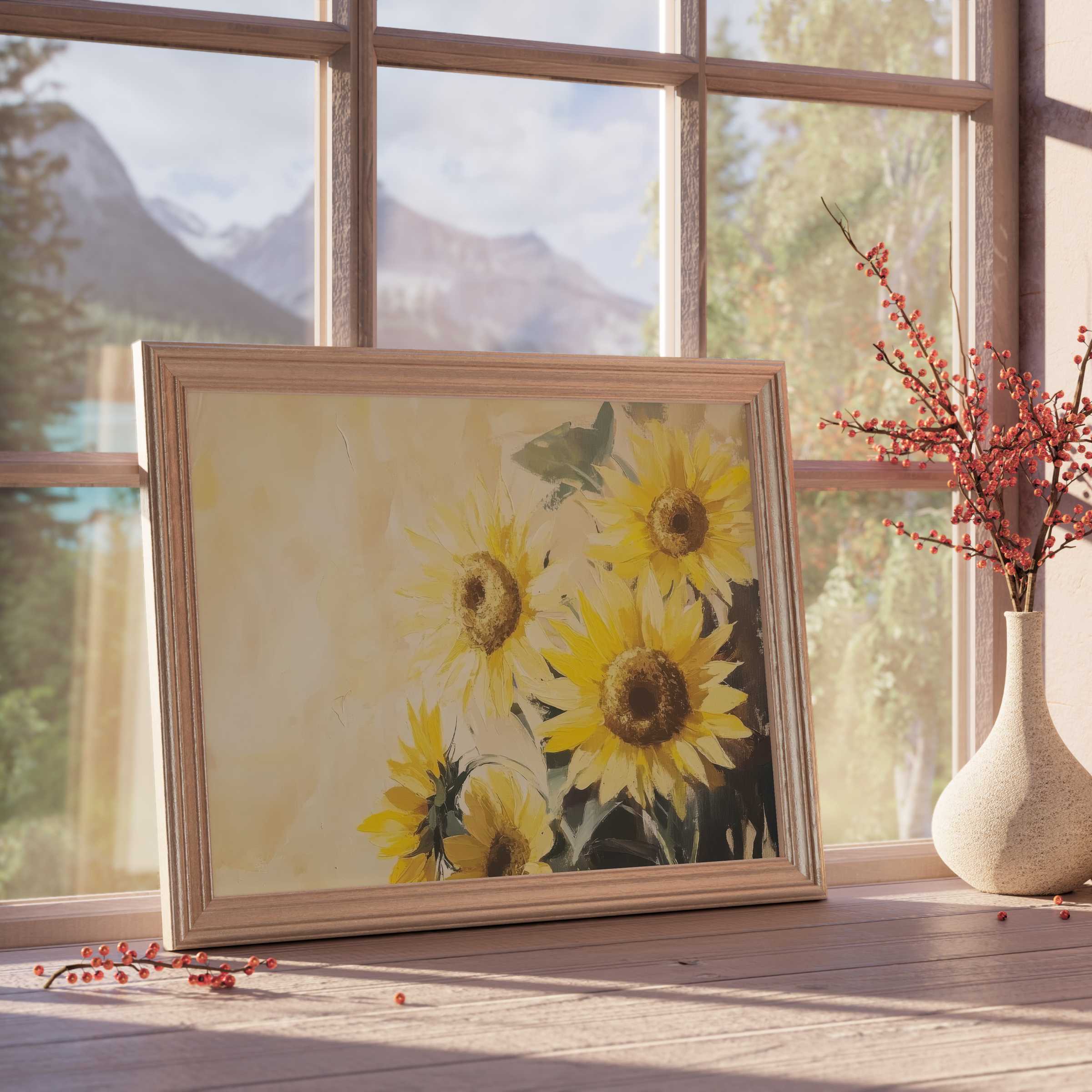 Sun-drenched spring downloadable art featuring vibrant sunflowers, elevating serene, design-forward interiors with warm, natural elegance