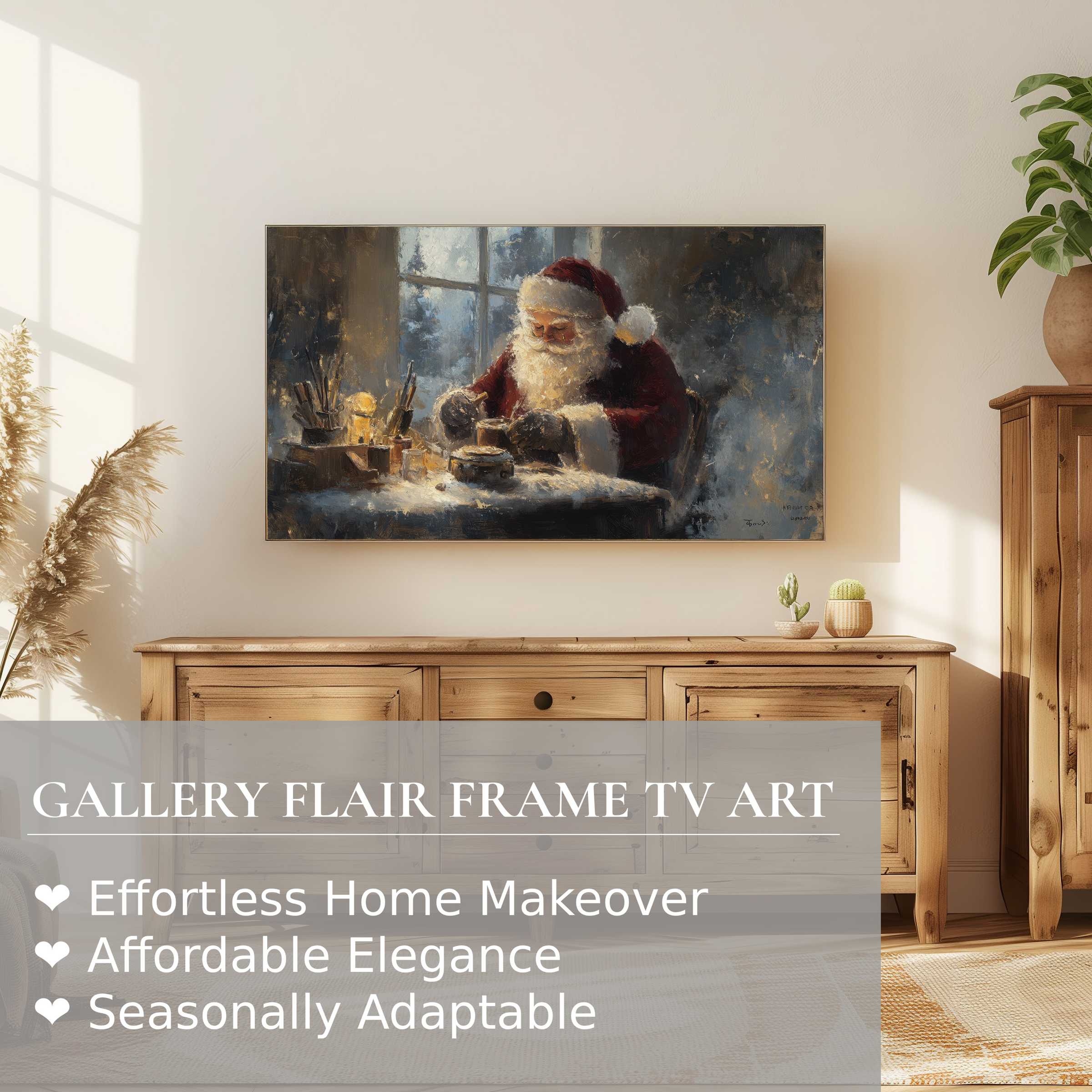 Samsung Frame TV displays a warm, classic christmas digital artwork of Santa crafting gifts in a cozy, elegant setting