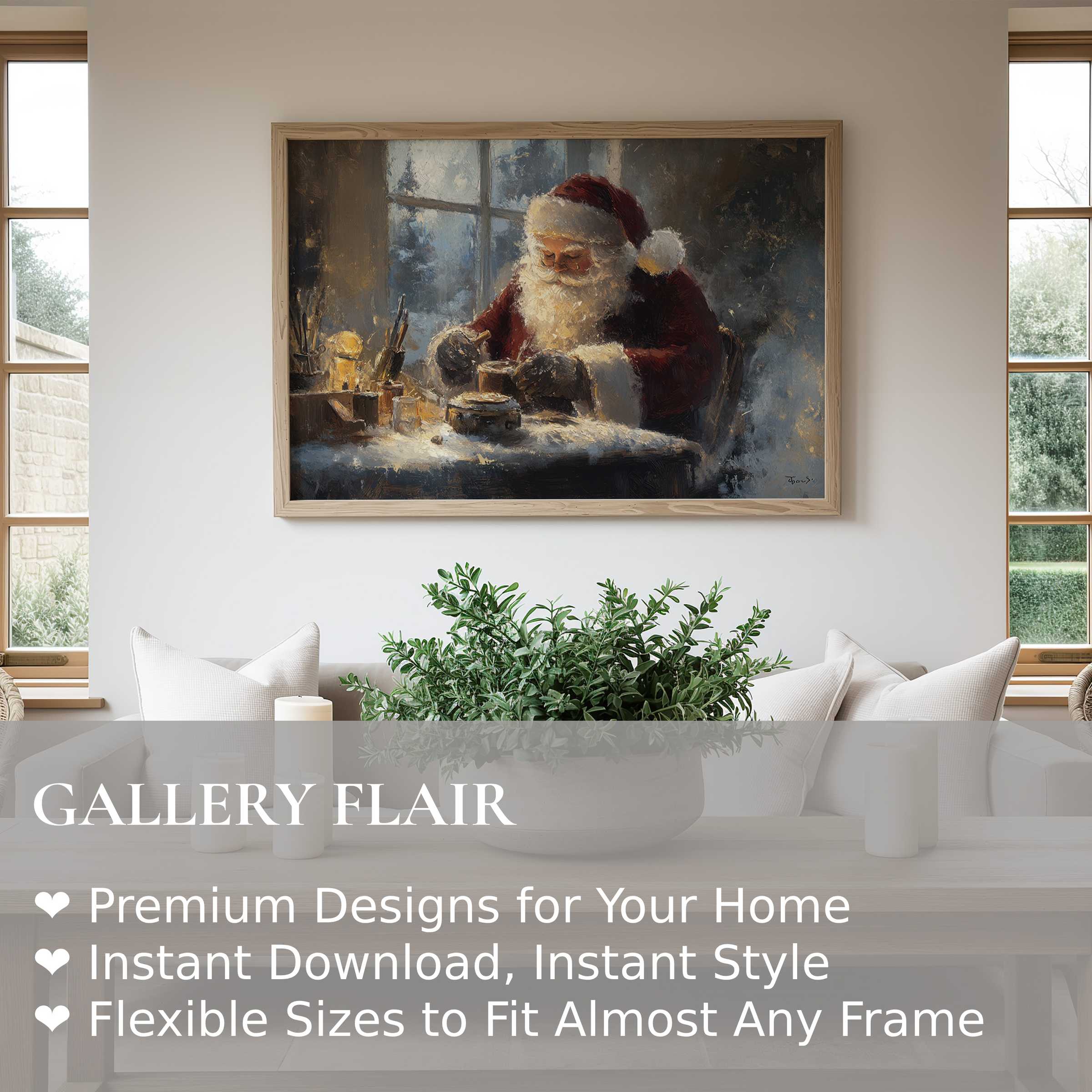 Christmas wall art print featuring a radiant, classic Santa crafting toys in a warm, rustic modern living room setting, evoking cozy holiday charm