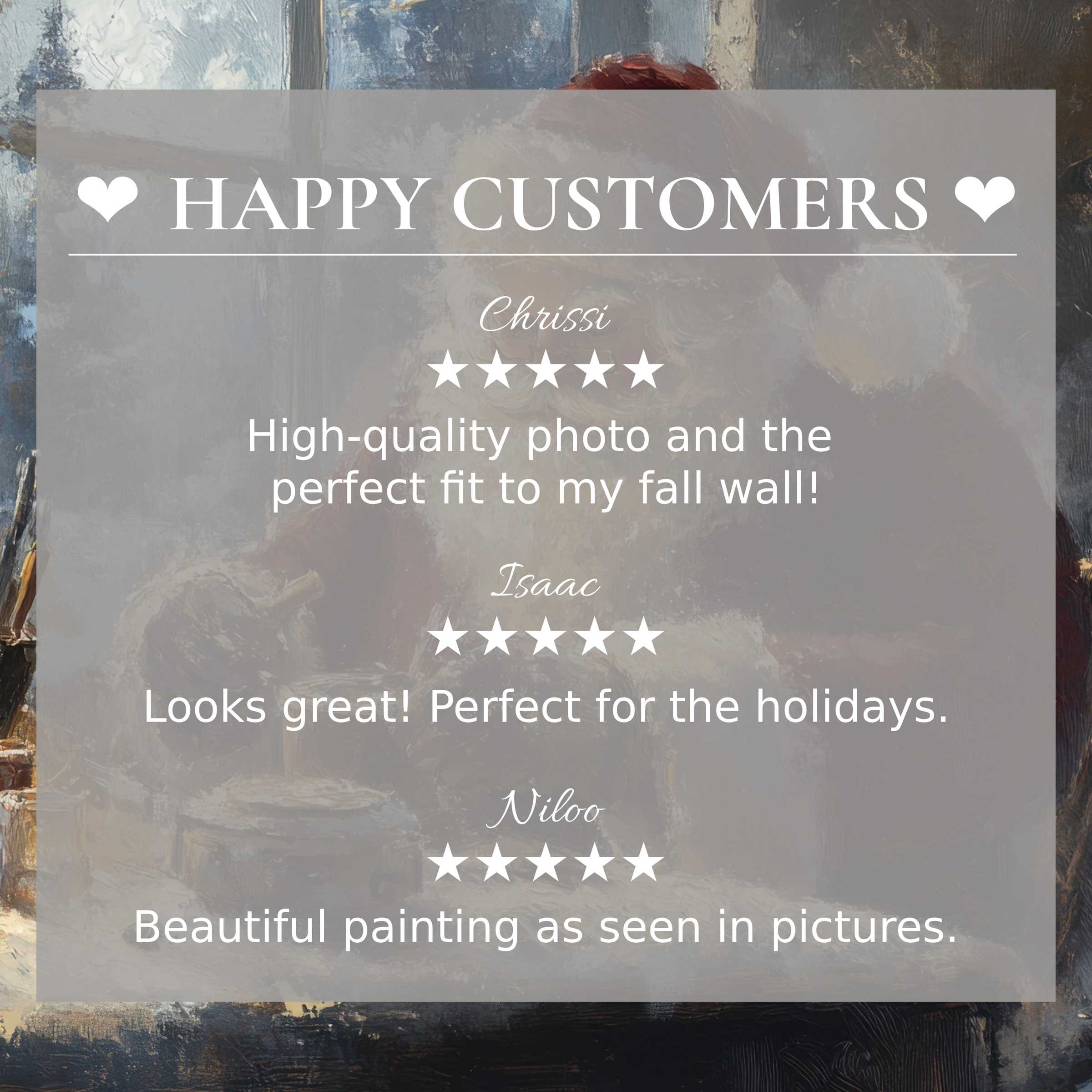christmas art for Frame TV with abstract muted tones background, showcasing happy customer reviews and elegant trust-building layout