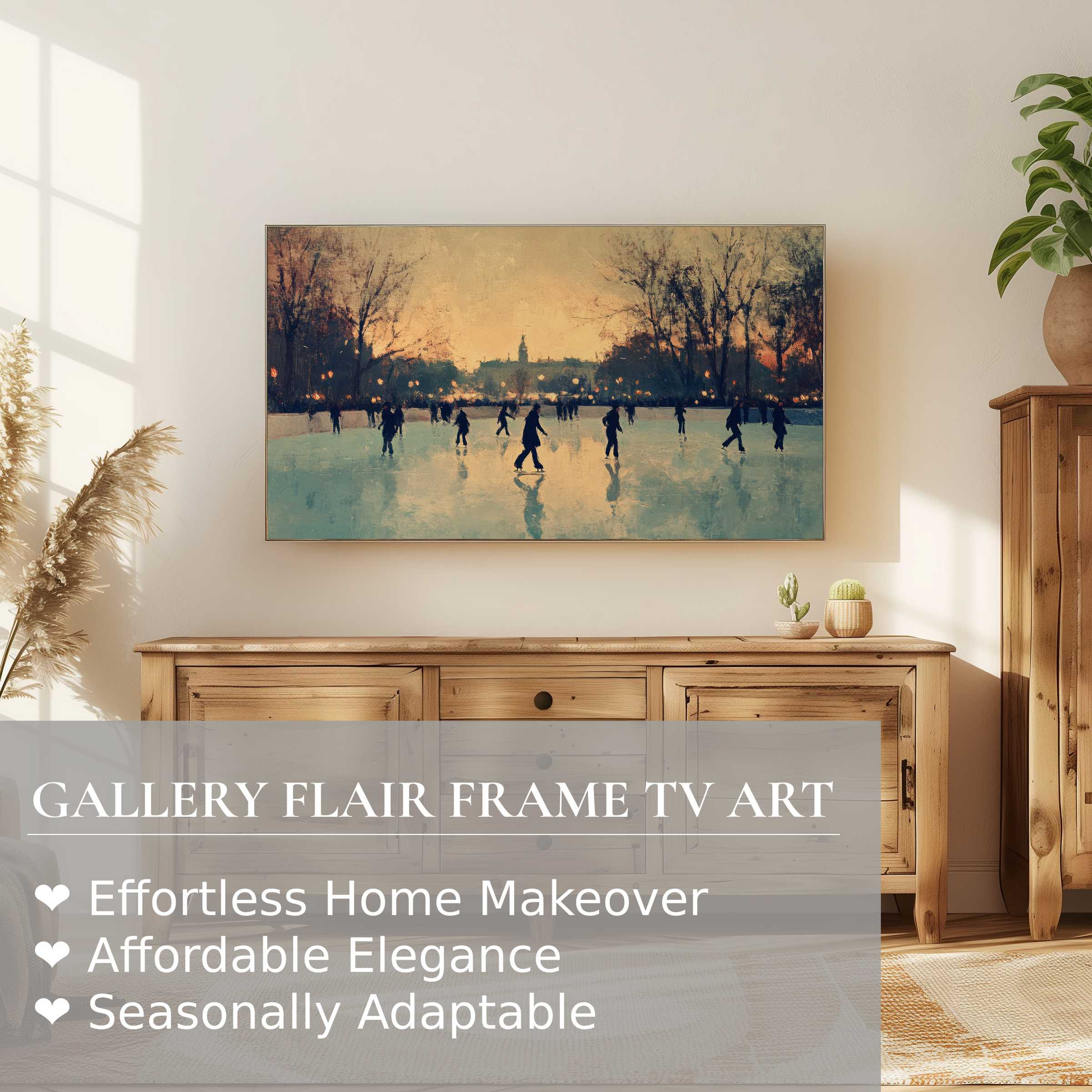 Modern winter digital artwork on Samsung Frame TV showing elegant ice skaters at dusk in a cozy, refined space