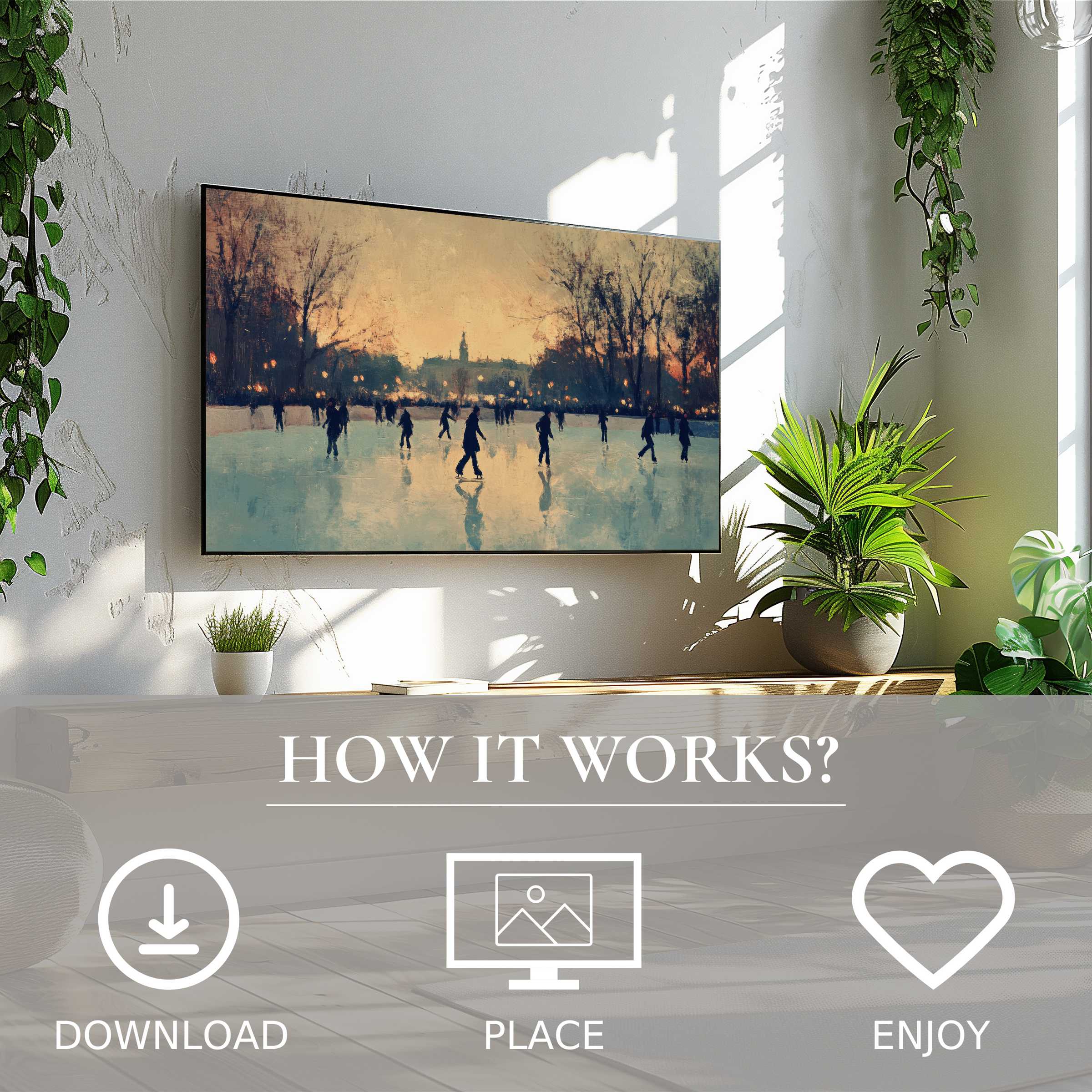 Winter art for Samsung TV shows a serene ice-skating scene in soft sunset tones, easy digital download enriches space