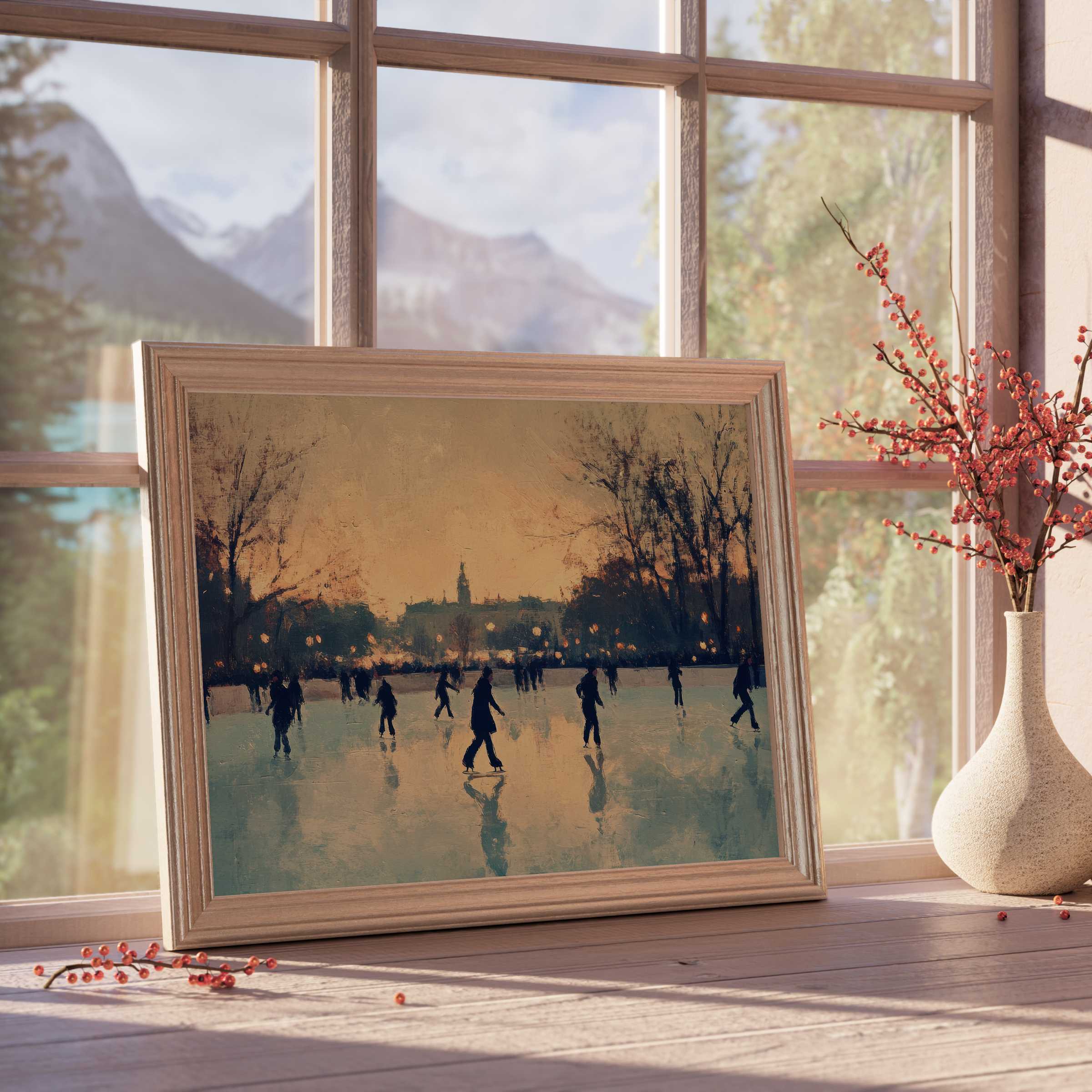 Winter downloadable art capturing a serene ice-skating scene at dusk, enhancing tranquil, refined interiors with soft light and timeless charm