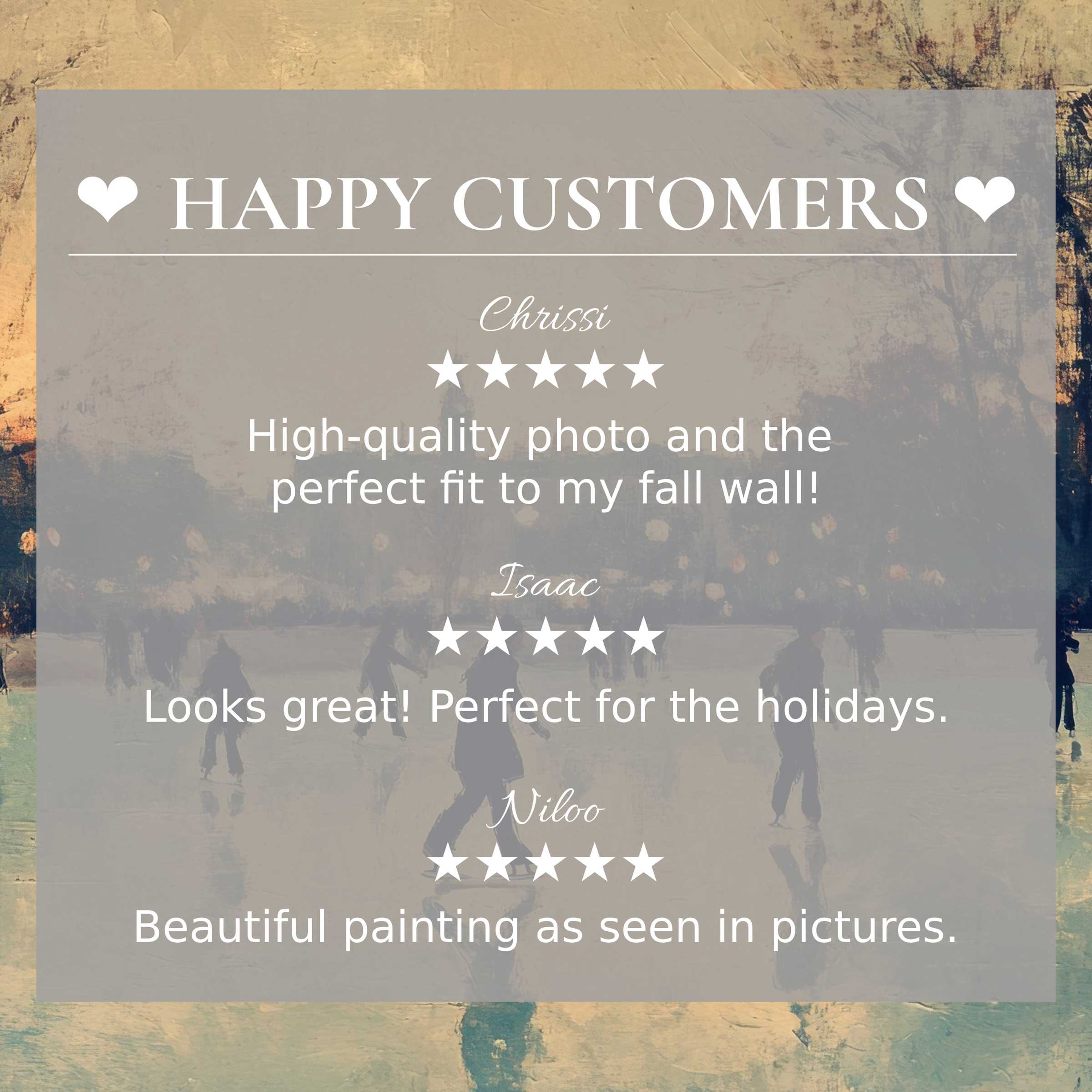Winter art for Frame TV with blurred ice skating scene background; happy customer reviews build trust