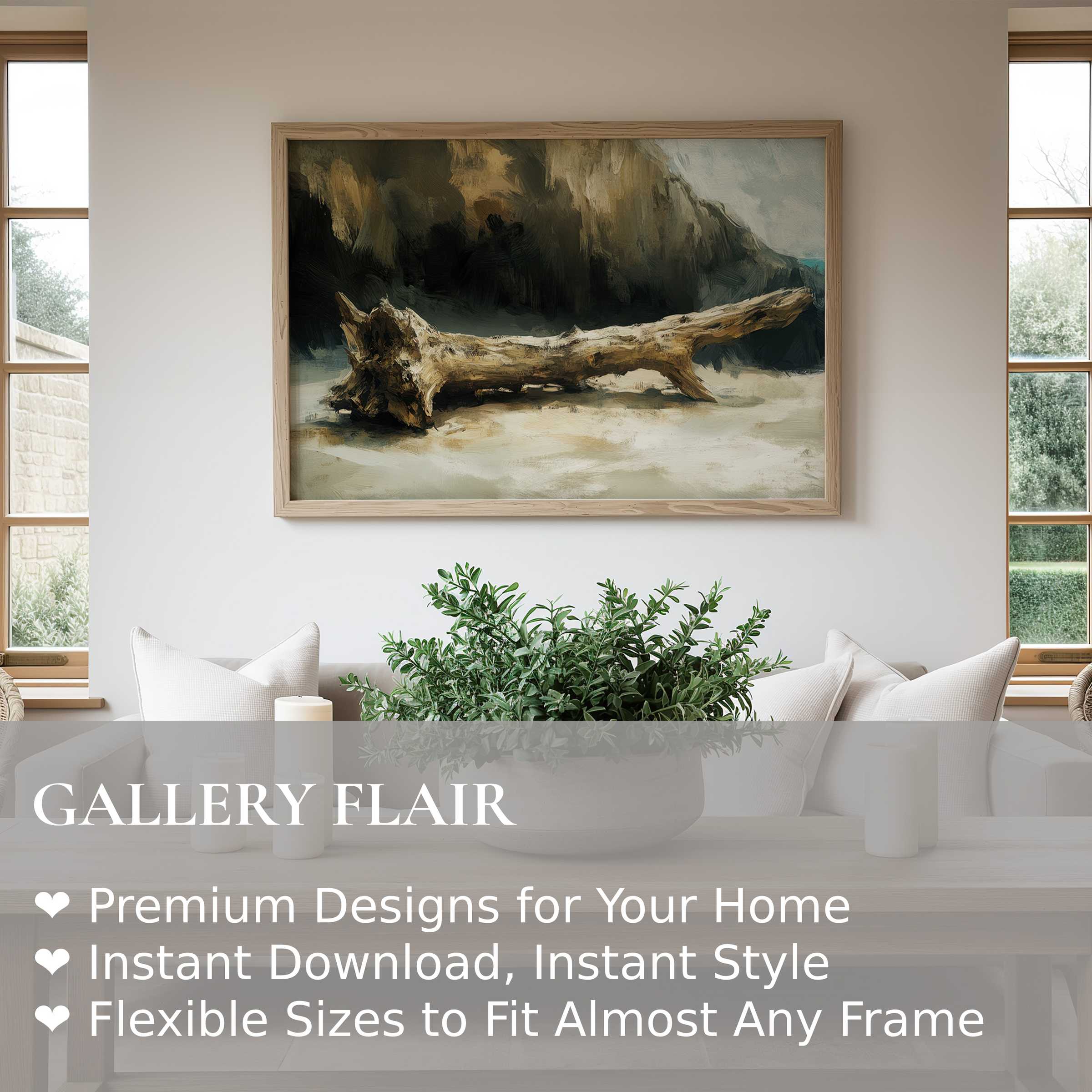Coastal wall art print featuring a radiant driftwood scene, adding serene, natural warmth to a modern farmhouse interior