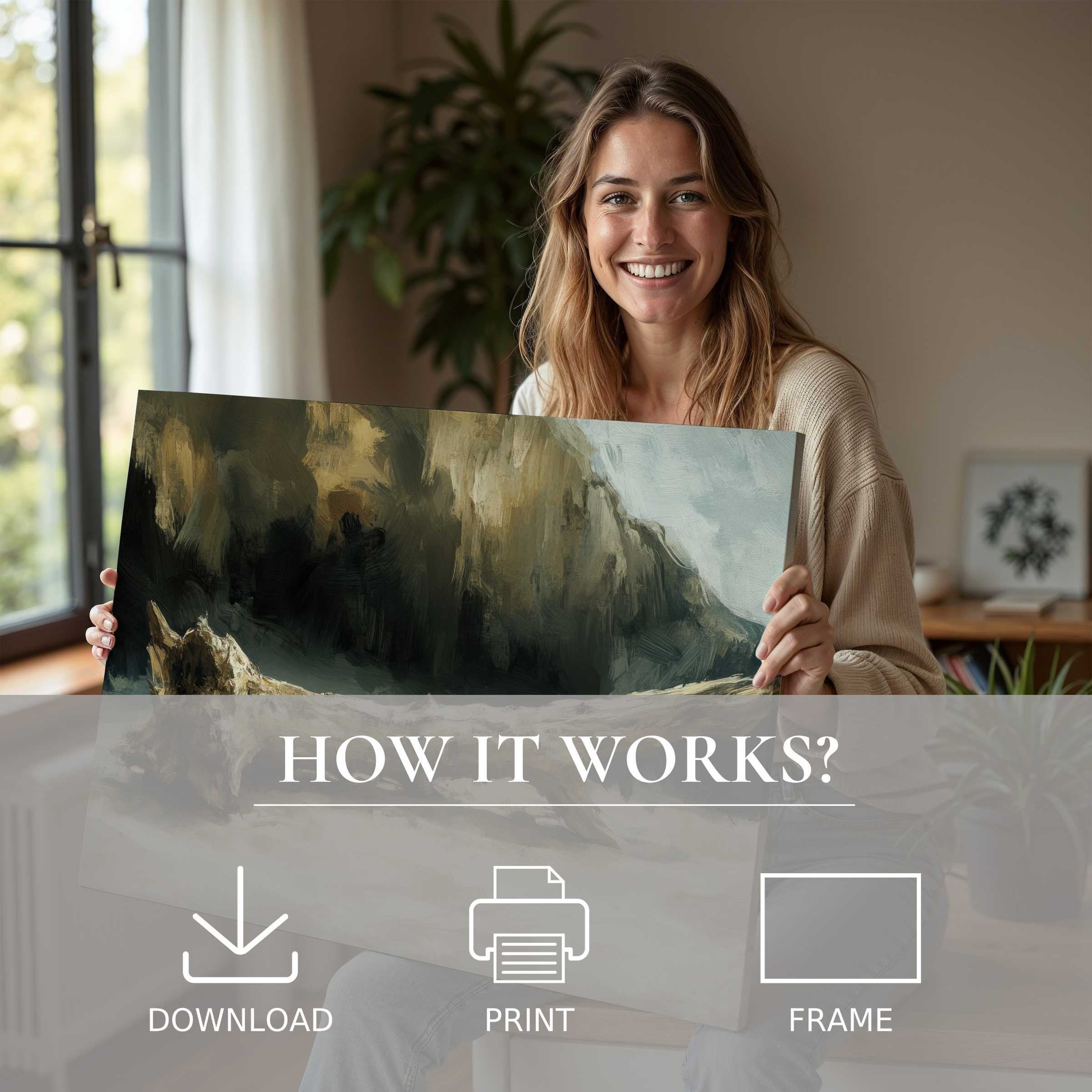 Coastal digital art print enriches a sunlit modern home, capturing serene joy and effortless elegance in art’s intimate embrace