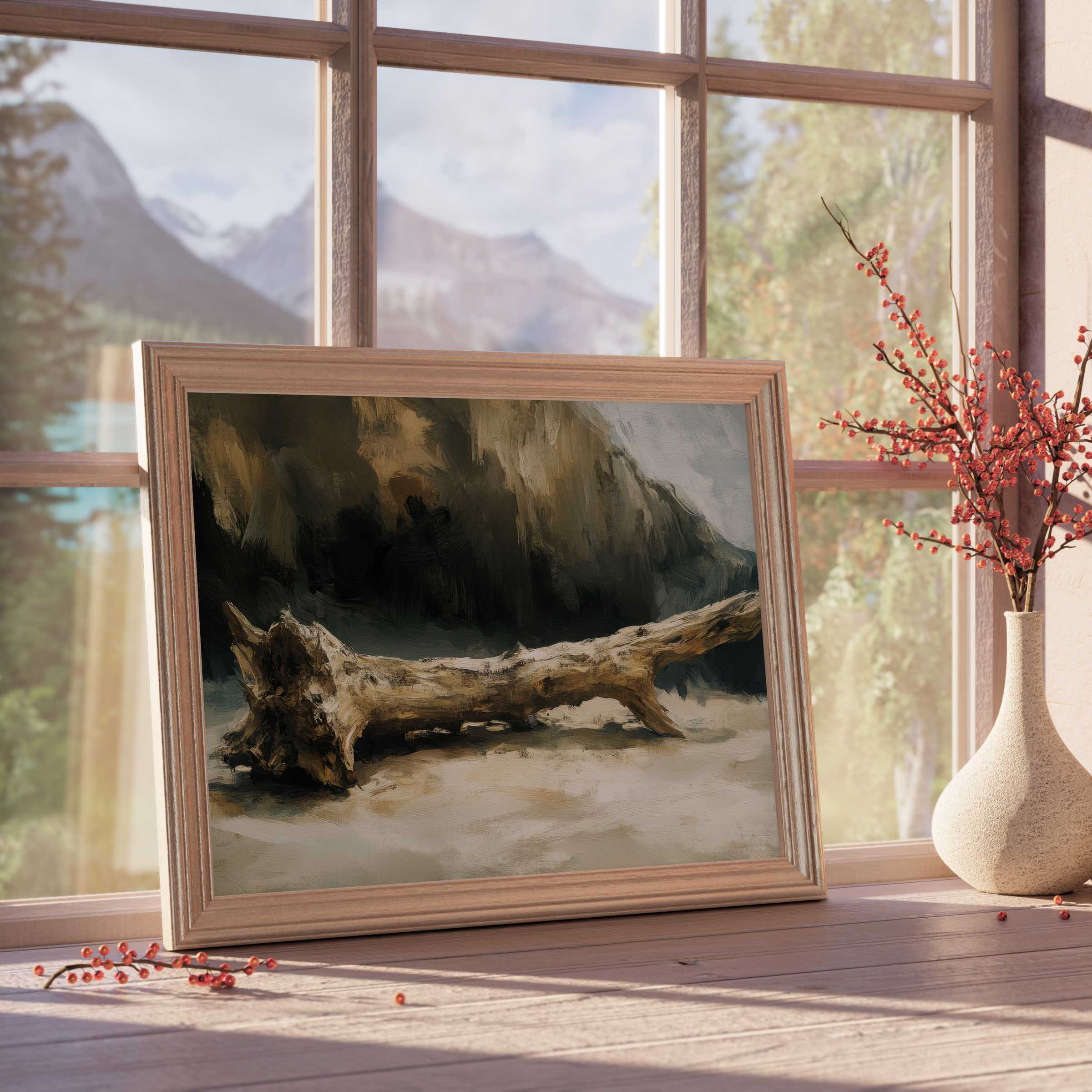 Coastal downloadable art featuring a weathered driftwood scene, evoking serene, natural elegance for curated interiors